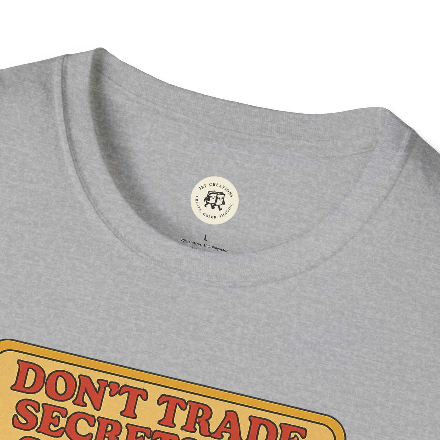 Close-up of gray Printify T-shirt with Dorian Gray vintage shirt design and round neckline