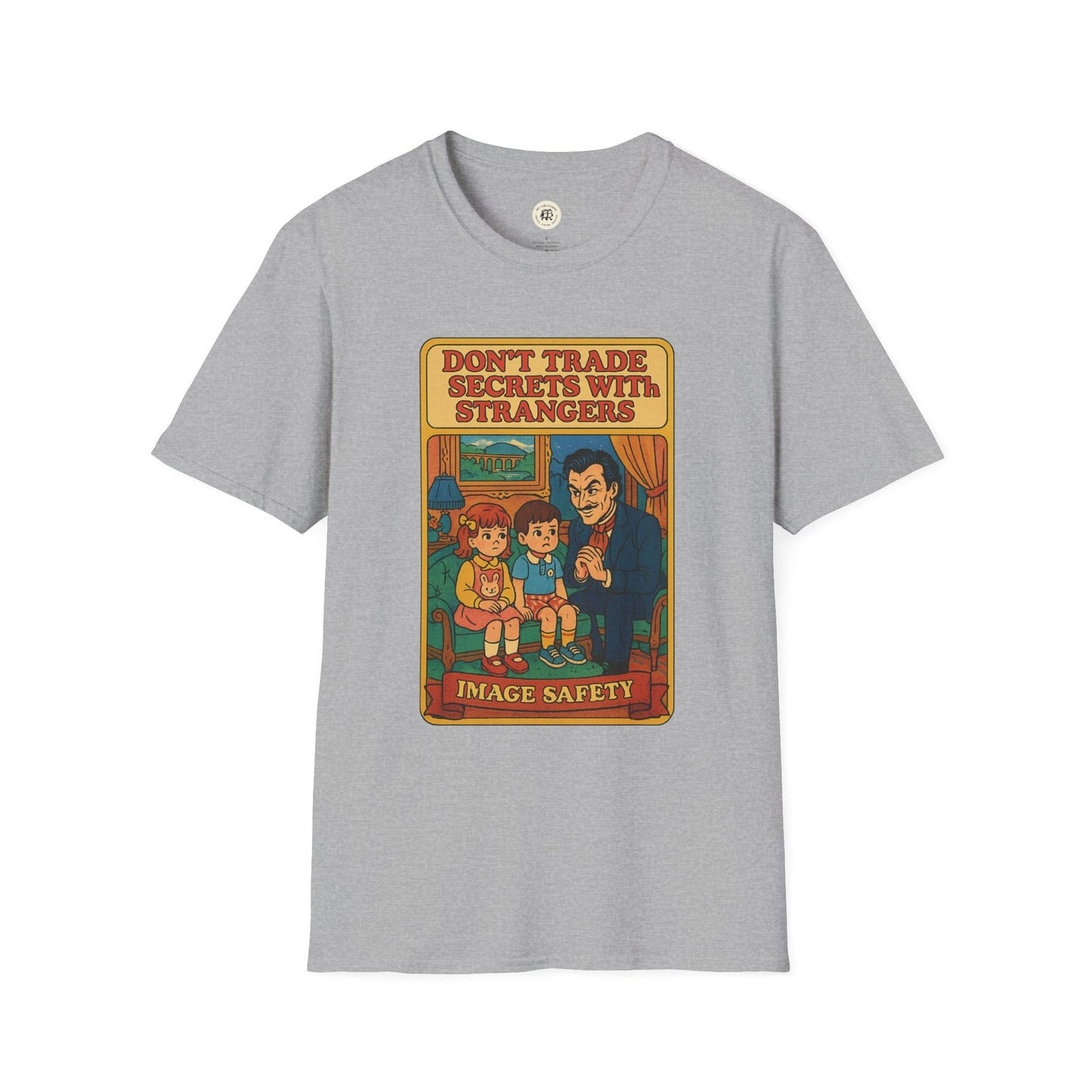 Gray Dorian Gray vintage shirt with retro image safety graphic and text on front