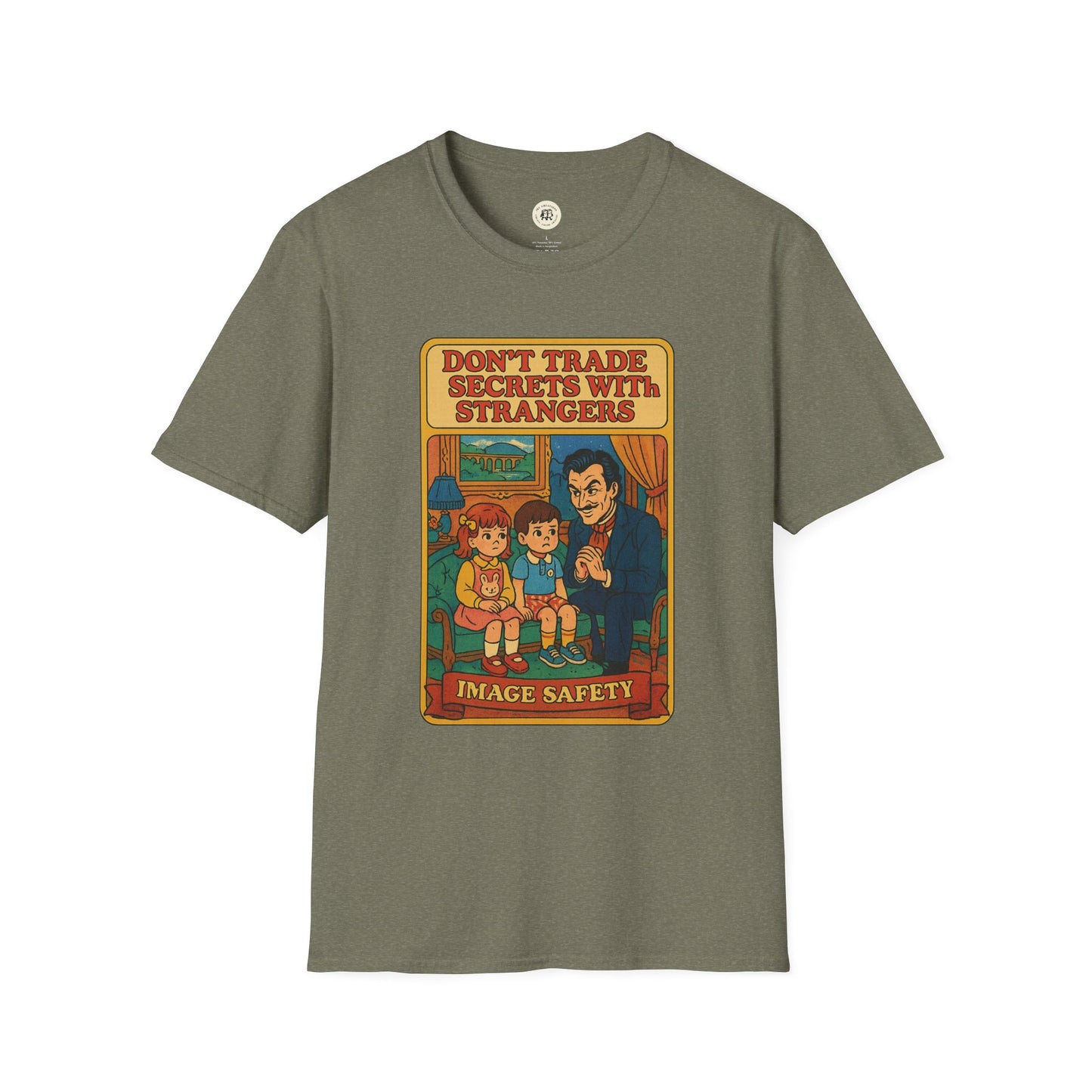 Printify Dorian Gray vintage shirt with vintage cartoon warning kids don't trade secrets with strangers