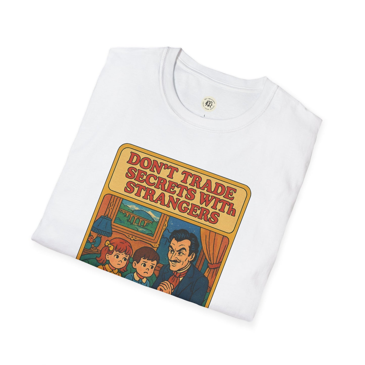 Printify white Dorian Gray vintage shirt with retro cartoon design and text Dont trade secrets with strangers