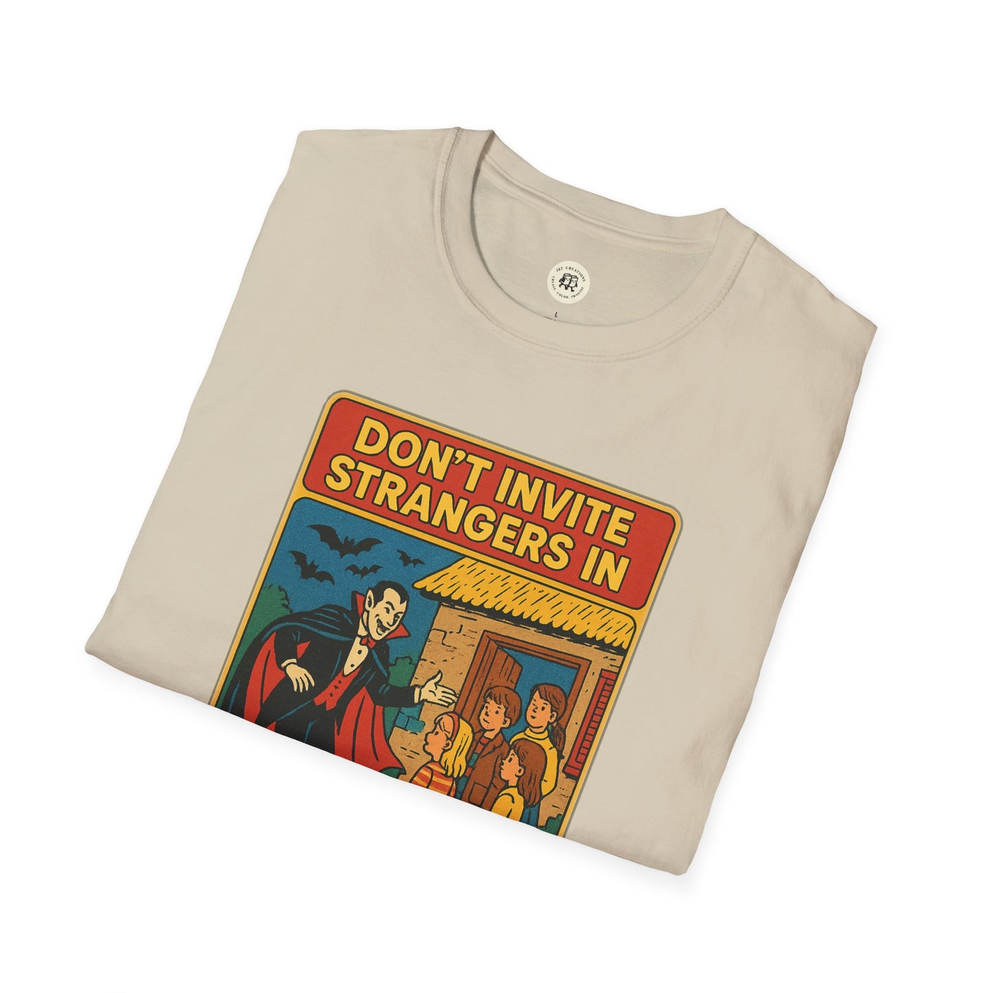 Printify beige t-shirt with colorful vintage style Dracula home safety t-shirt graphic and warning text