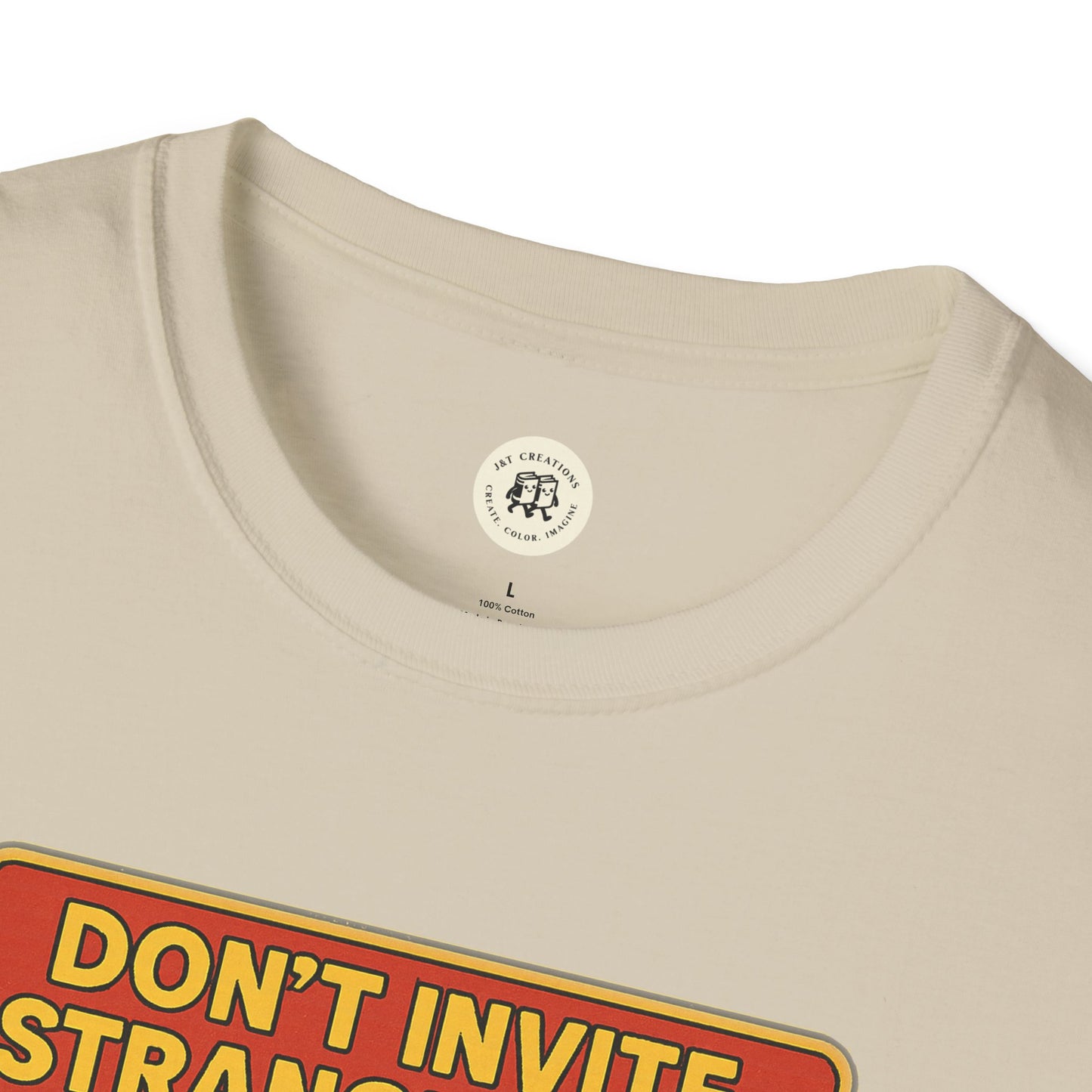 Printify beige Dracula home safety t-shirt with bold graphic text about not inviting strangers