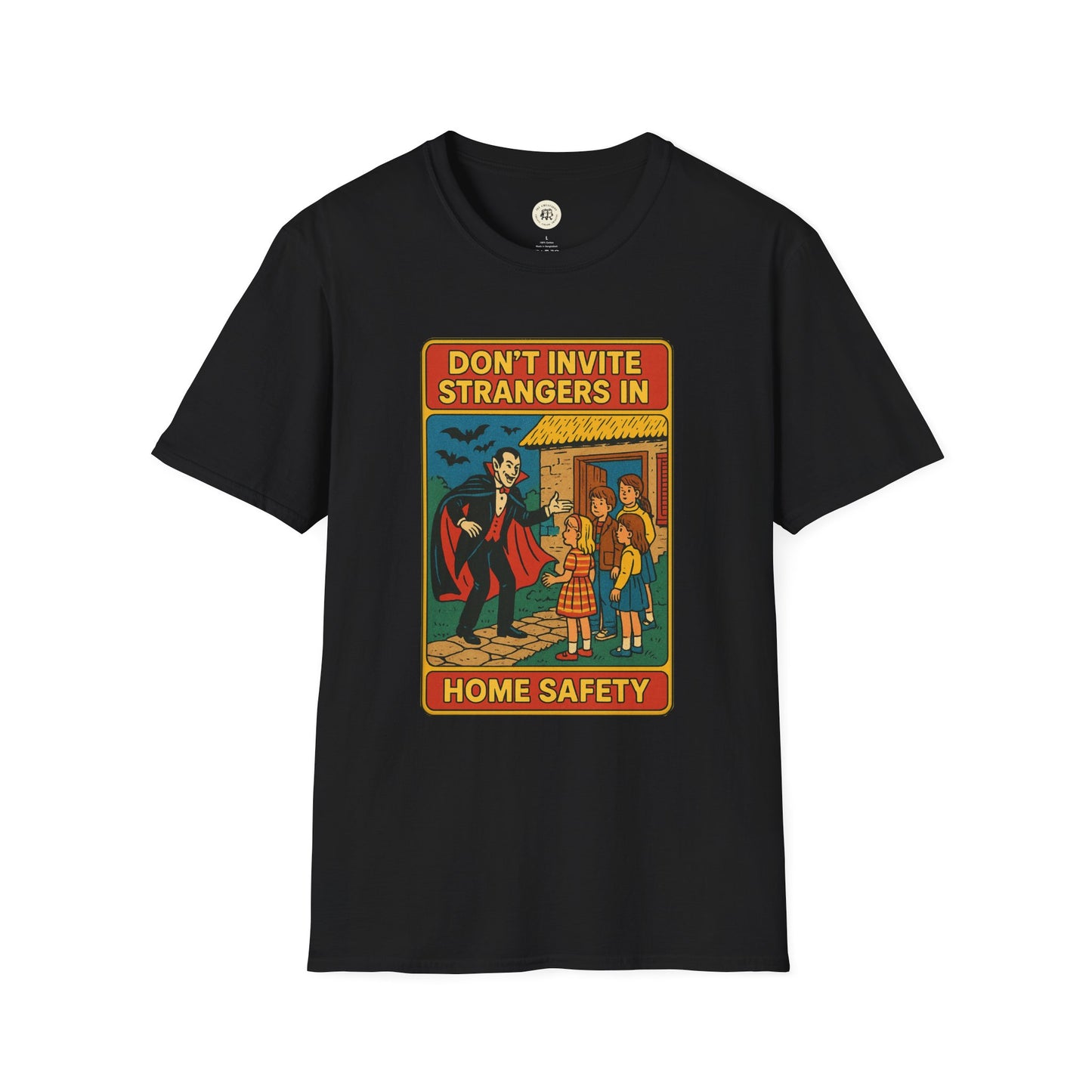 Black Printify Dracula home safety t-shirt with vintage vampire and kids illustration