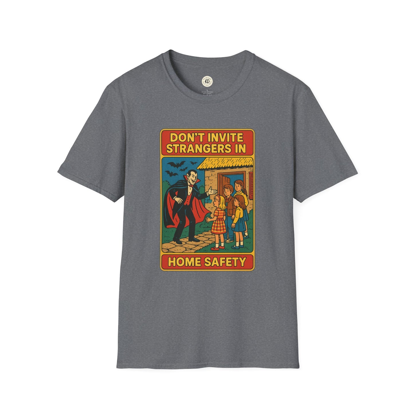 Gray Printify Dracula home safety t-shirt with vintage vampire warning graphic and kids illustration