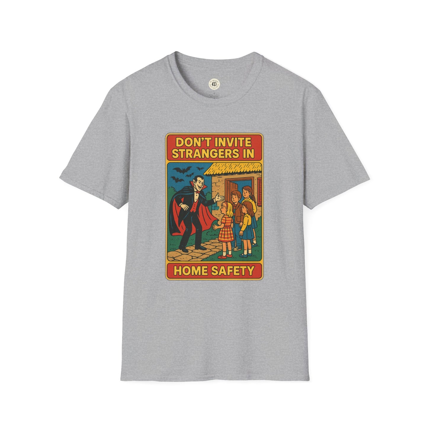 Printify gray Dracula home safety t-shirt with vintage vampire warning design and kids illustration