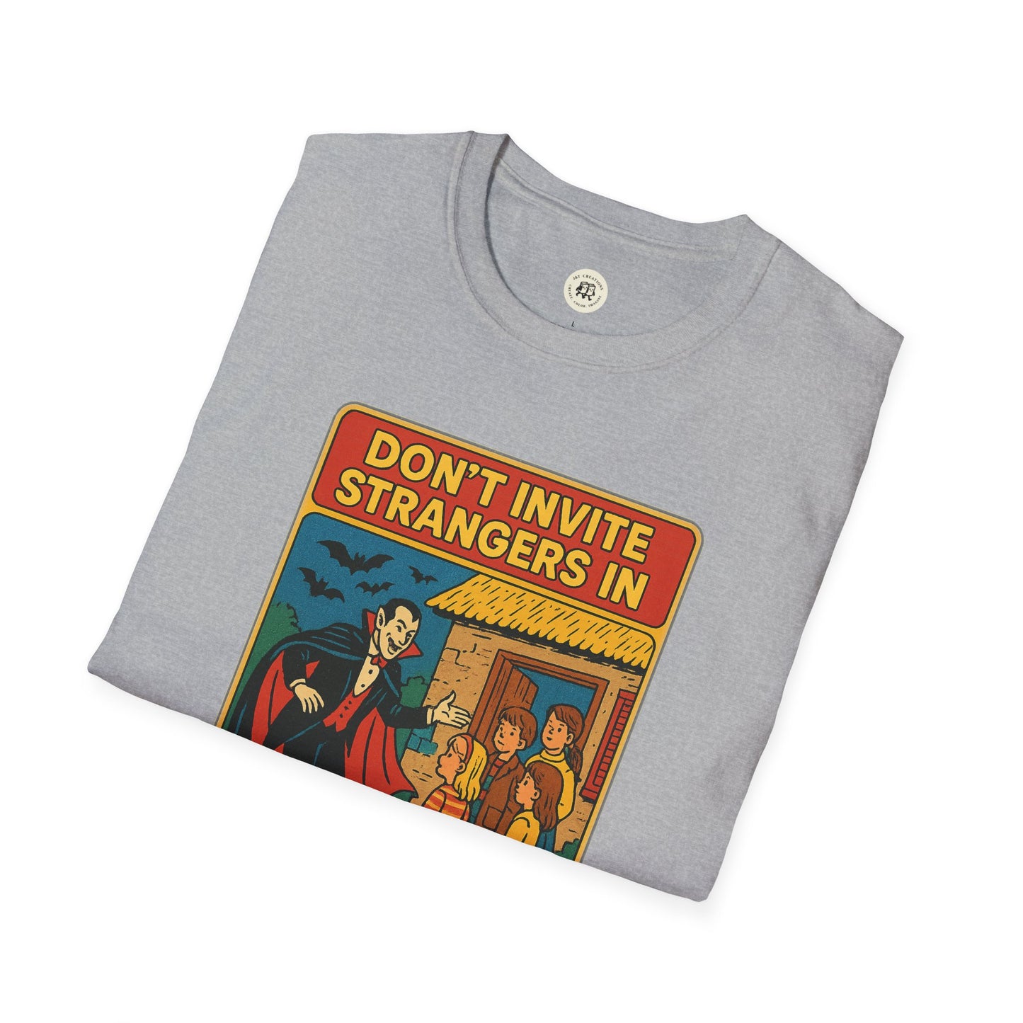 Gray Dracula home safety t-shirt by Printify featuring vintage comic style vampire warning design