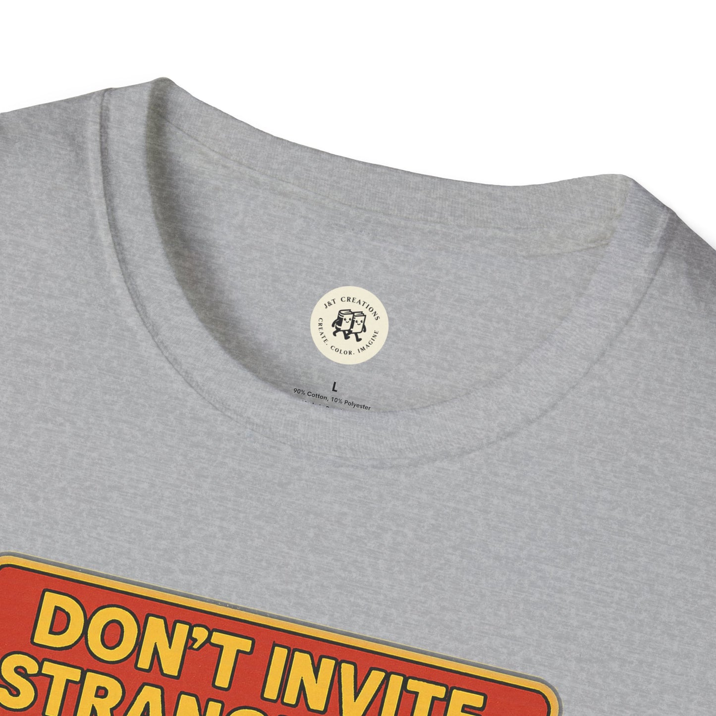 Gray Printify Dracula home safety t-shirt with bold yellow and red text design on front