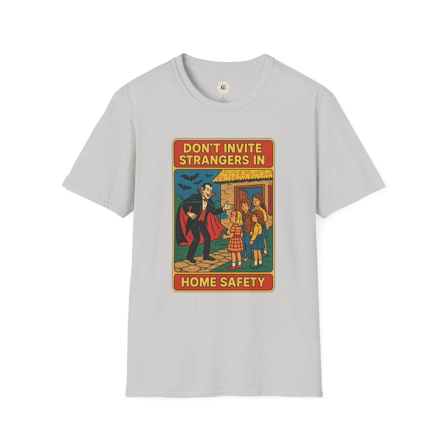 Printify Dracula home safety t-shirt with vintage vampire and children graphic and safety message