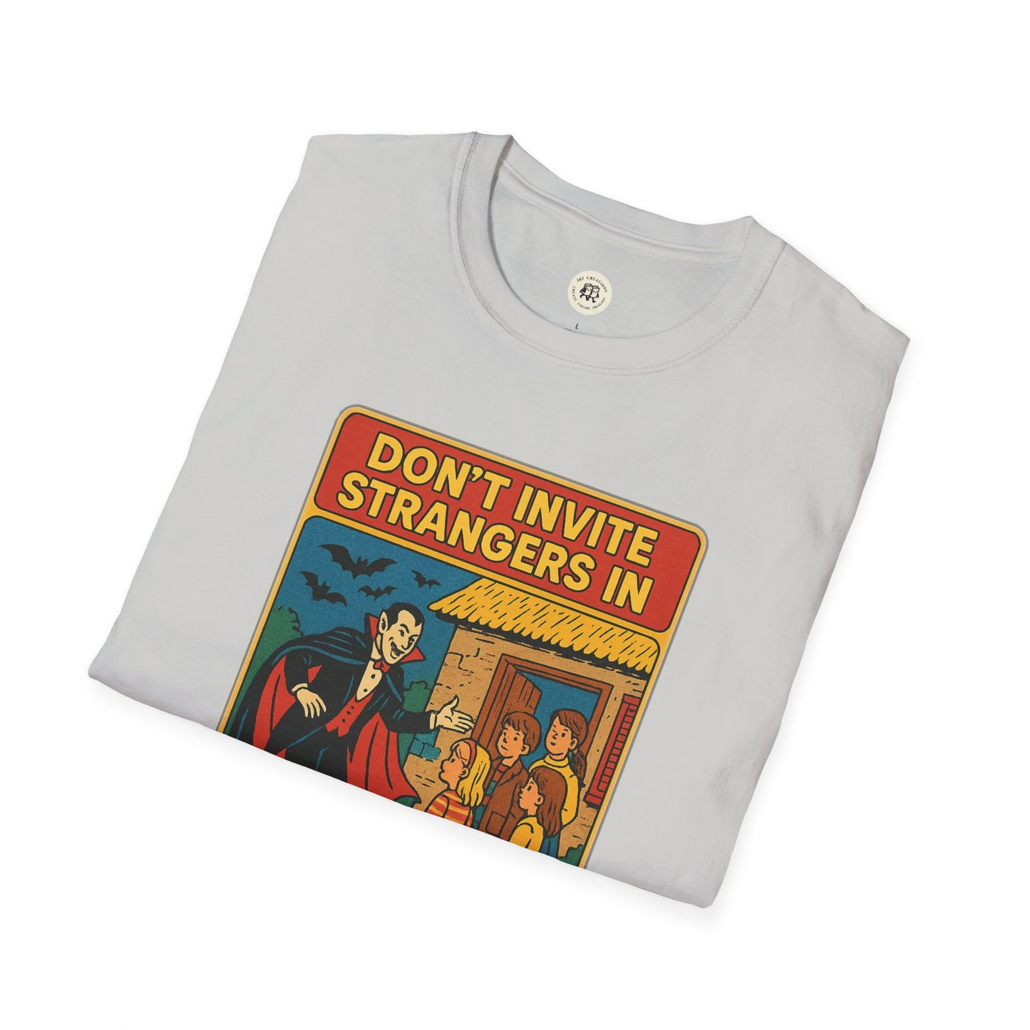 Printify Dracula home safety t-shirt with vintage cartoon vampire and safety warning design