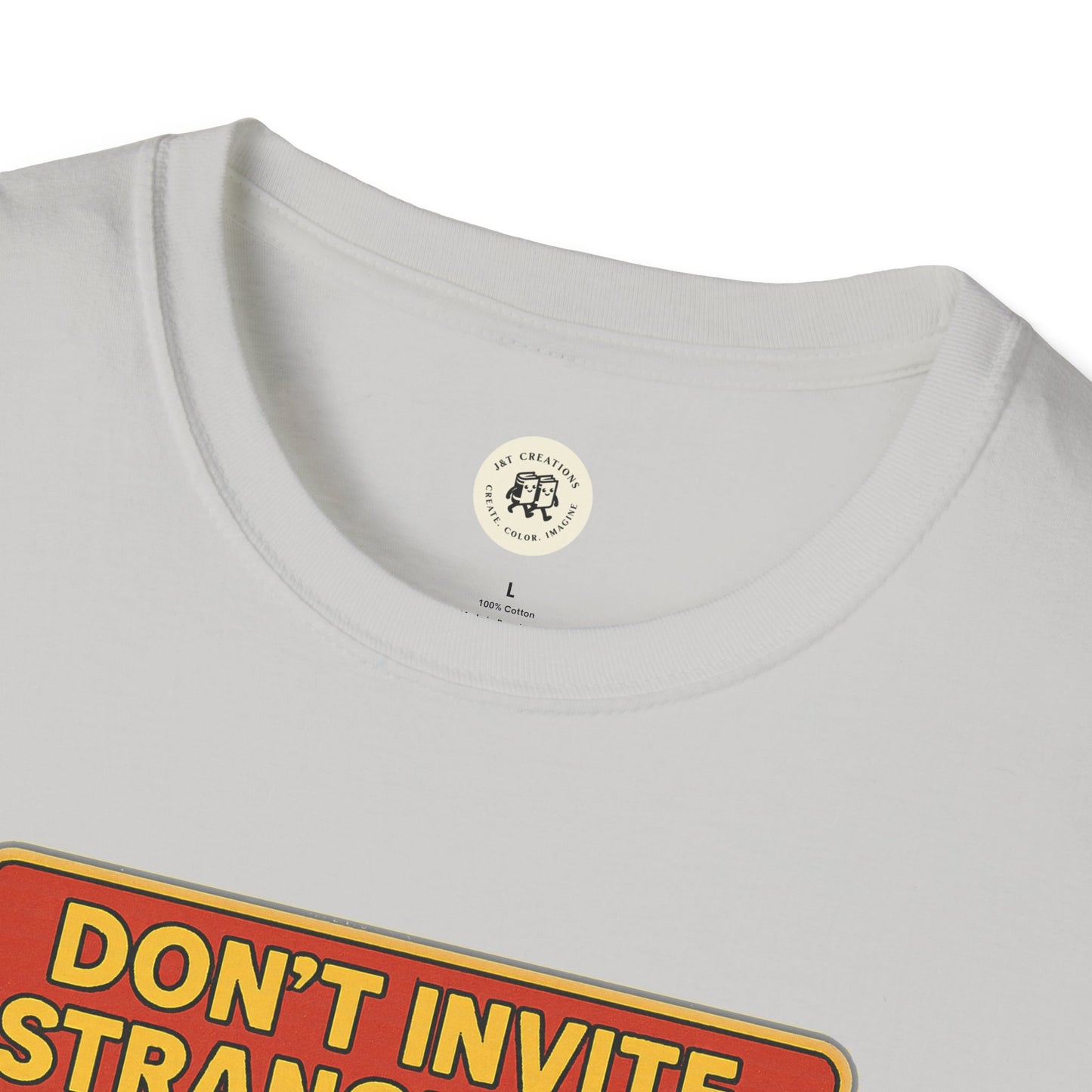 White Printify t-shirt featuring a Dracula home safety t-shirt design with bold text warning about strangers