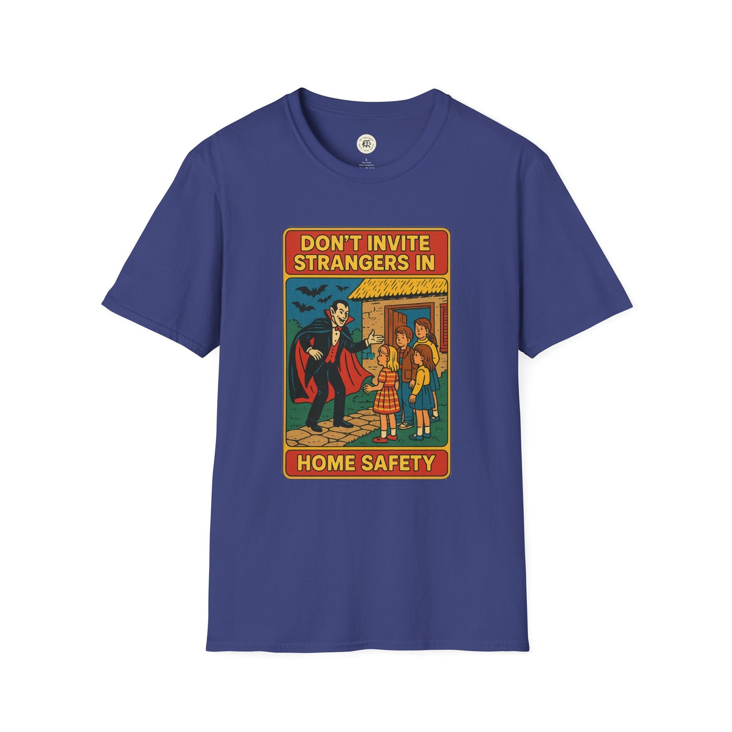Printify Dracula home safety t-shirt with vintage vampire graphic and safety message in red and yellow