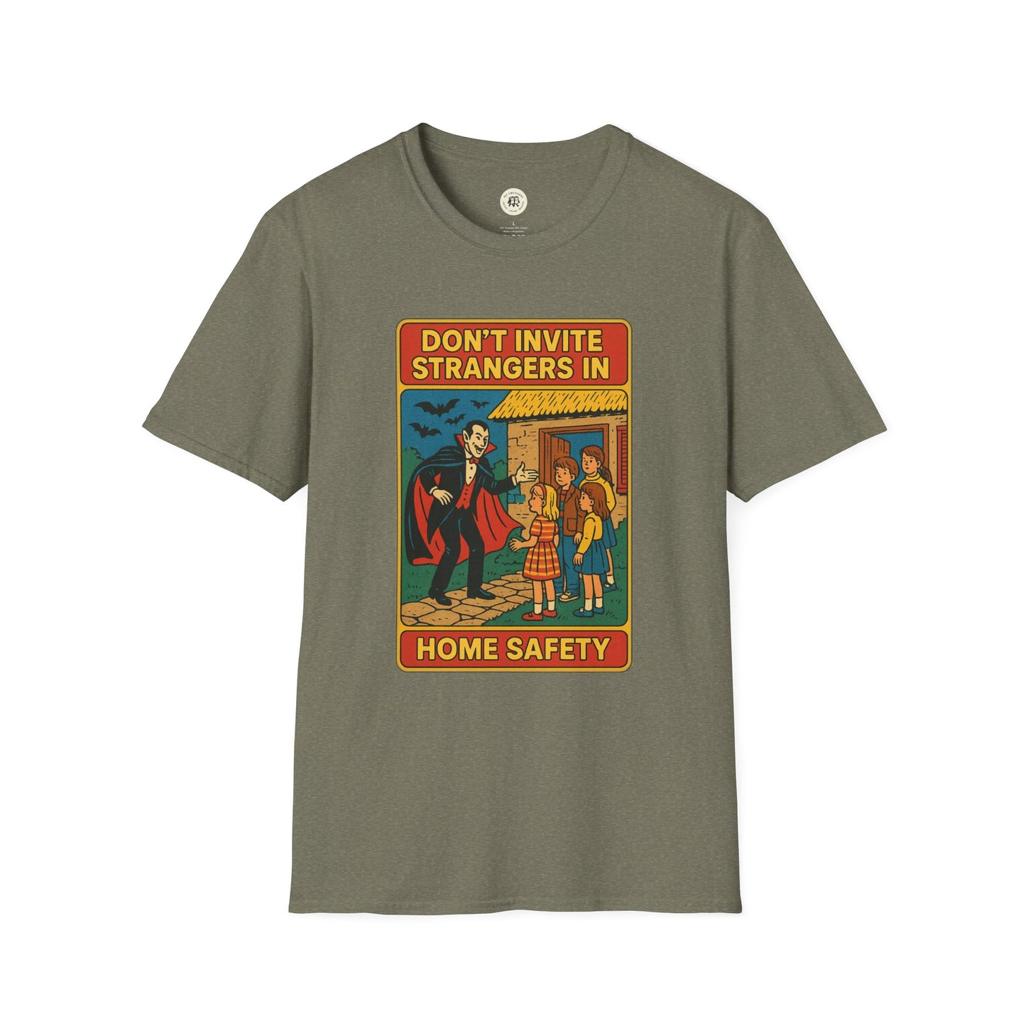 Printify Dracula home safety t-shirt with vintage style vampire and children safety warning design