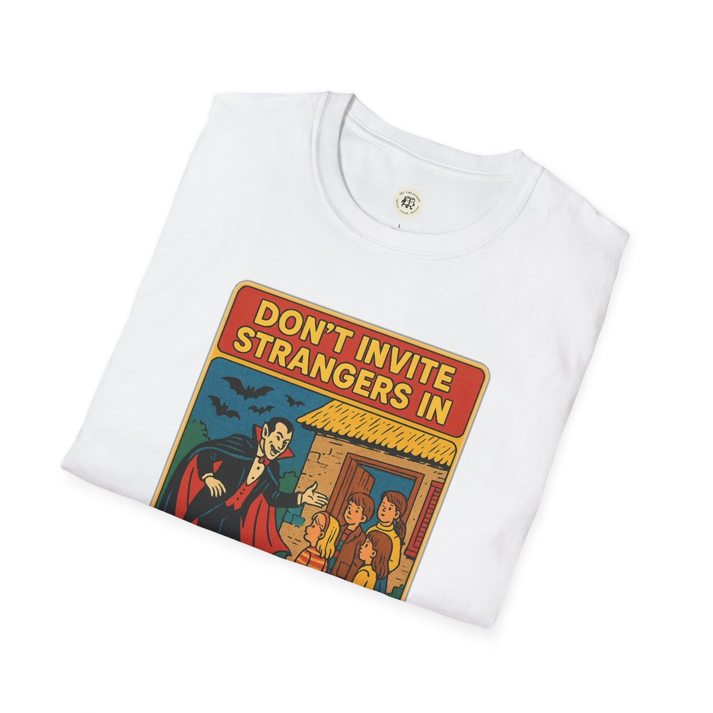 White Dracula home safety t-shirt with vintage cartoon vampire and warning message print