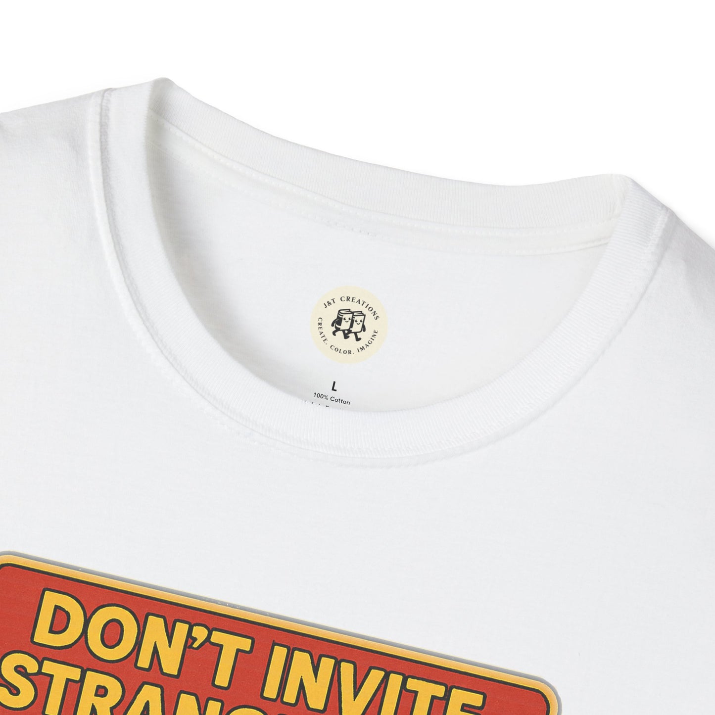 White Printify Dracula home safety t-shirt with bold yellow and red safety message print