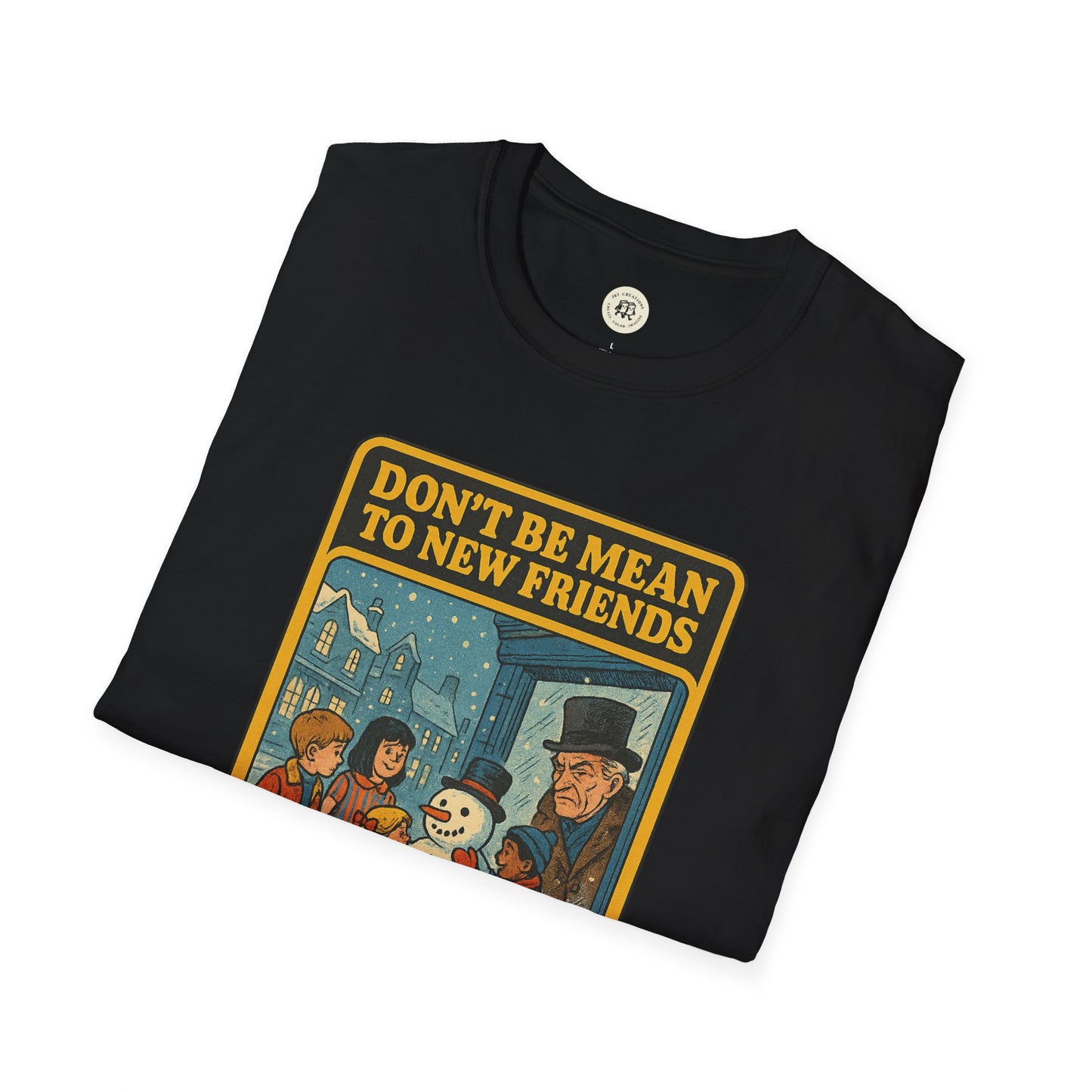 Black Printify Ebenezer Scrooge empathy t-shirt with vintage style winter illustration and kindness message