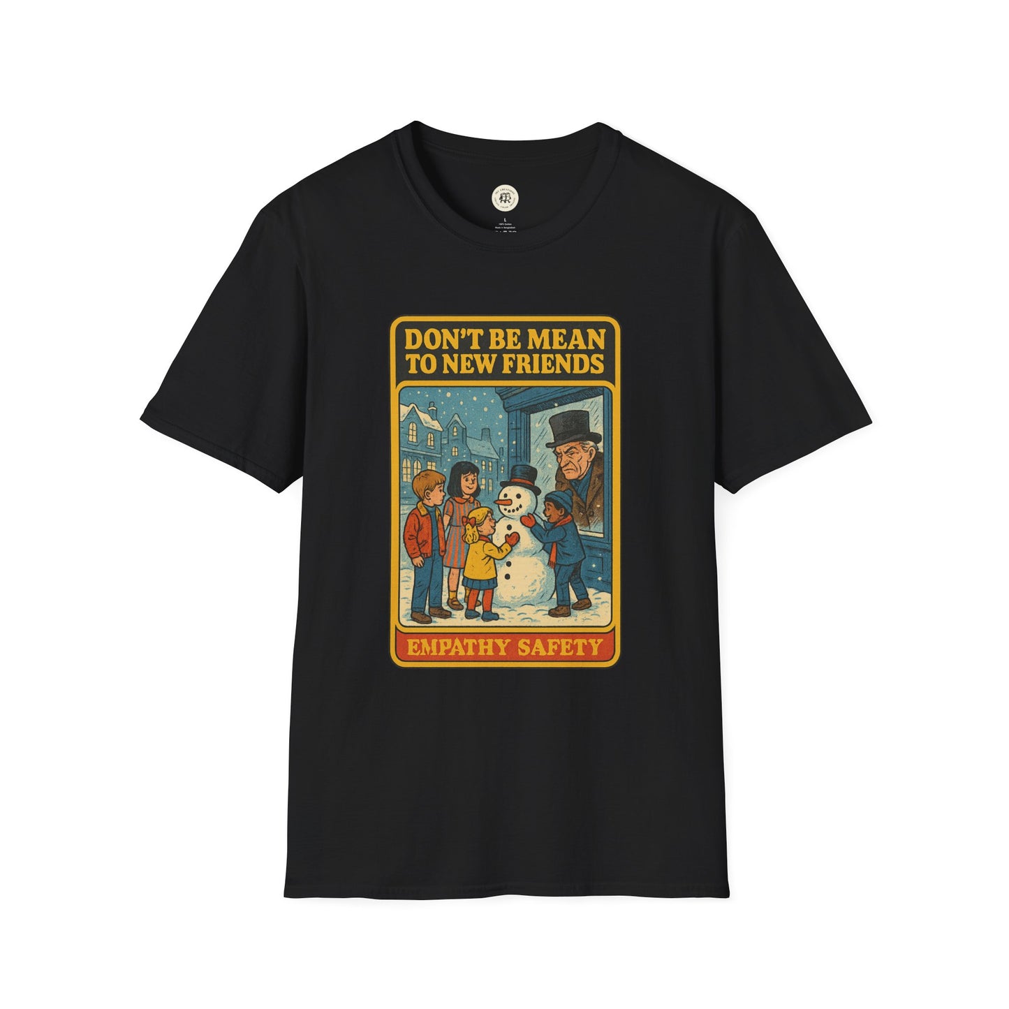 Black Ebenezer Scrooge empathy t-shirt from Printify featuring a vintage style winter scene with children building a snowman