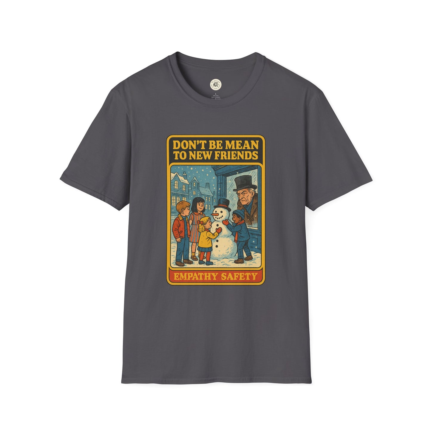 Ebenezer Scrooge empathy t-shirt with vintage style design showing children and Scrooge building a snowman