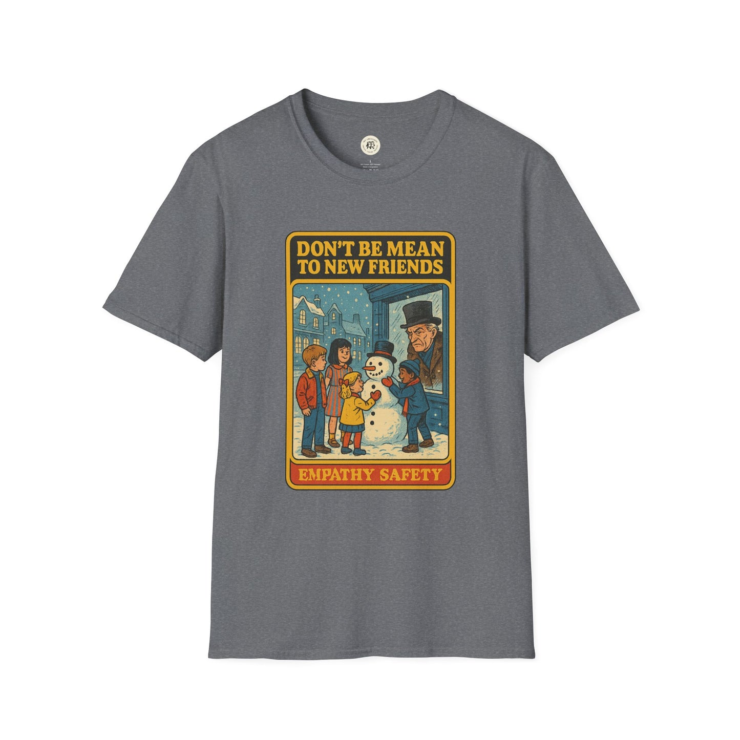 Printify Ebenezer Scrooge empathy t-shirt with vintage snowman and children graphic on gray fabric