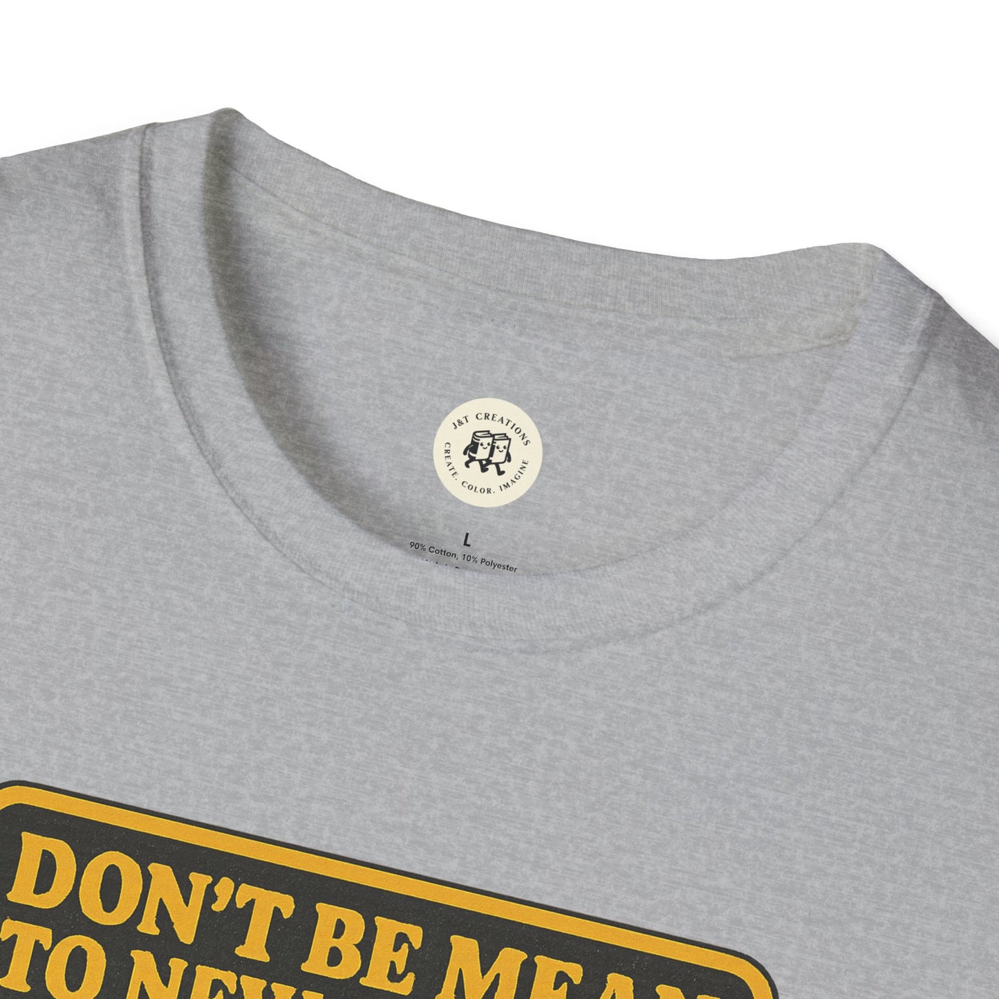 Gray Printify Ebenezer Scrooge empathy t-shirt with round neckline and yellow text print