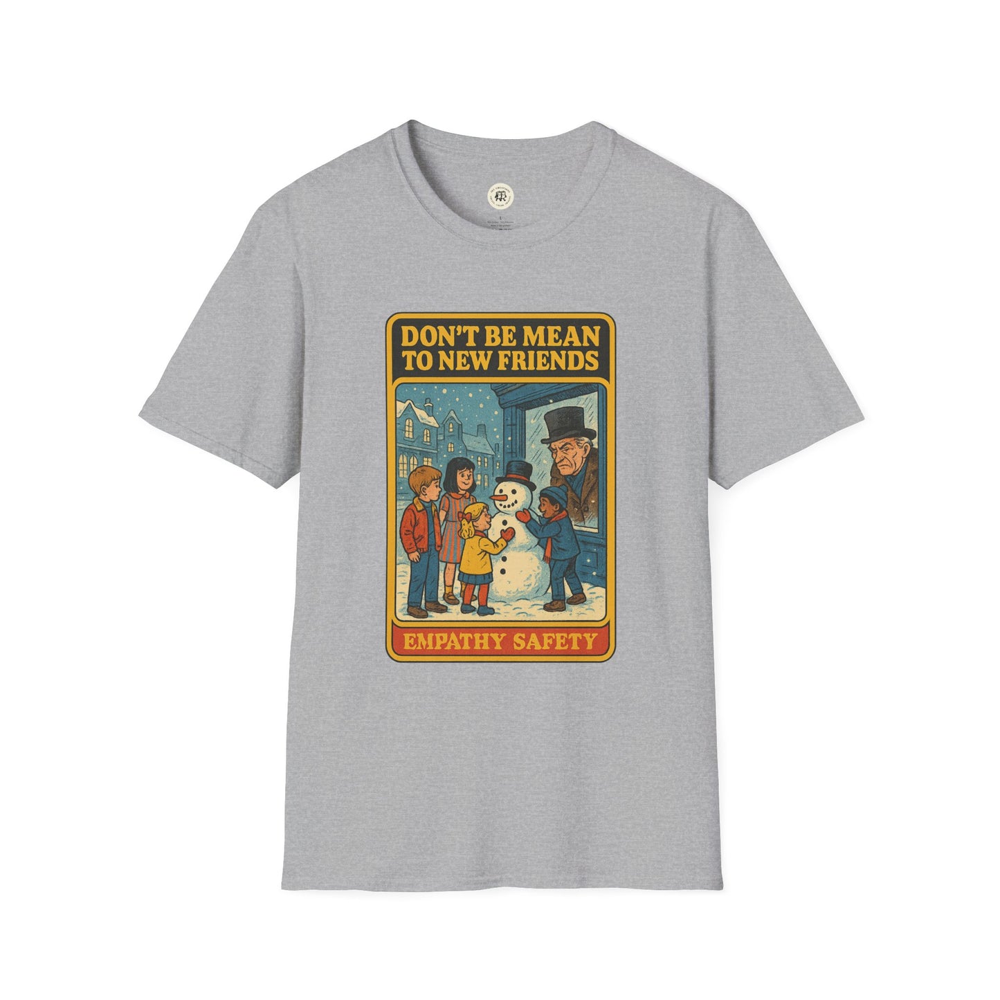 Gray Ebenezer Scrooge empathy t-shirt with vintage style illustration and empathy safety message from Printify