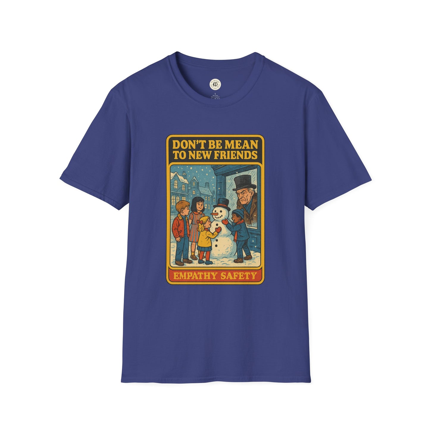Printify Ebenezer Scrooge empathy t-shirt in blue with vintage holiday design and children building a snowman
