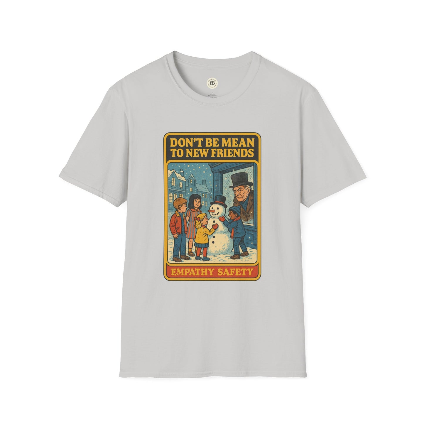 Printify Ebenezer Scrooge empathy t-shirt with vintage design featuring children and a snowman