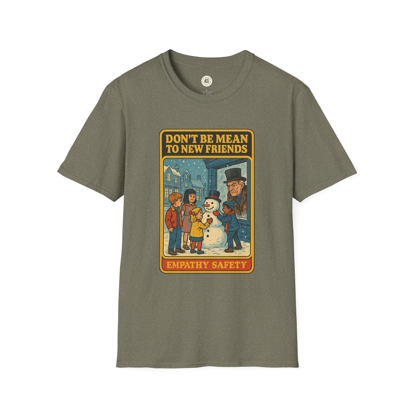 Printify Ebenezer Scrooge empathy t-shirt with vintage illustration of children and snowman