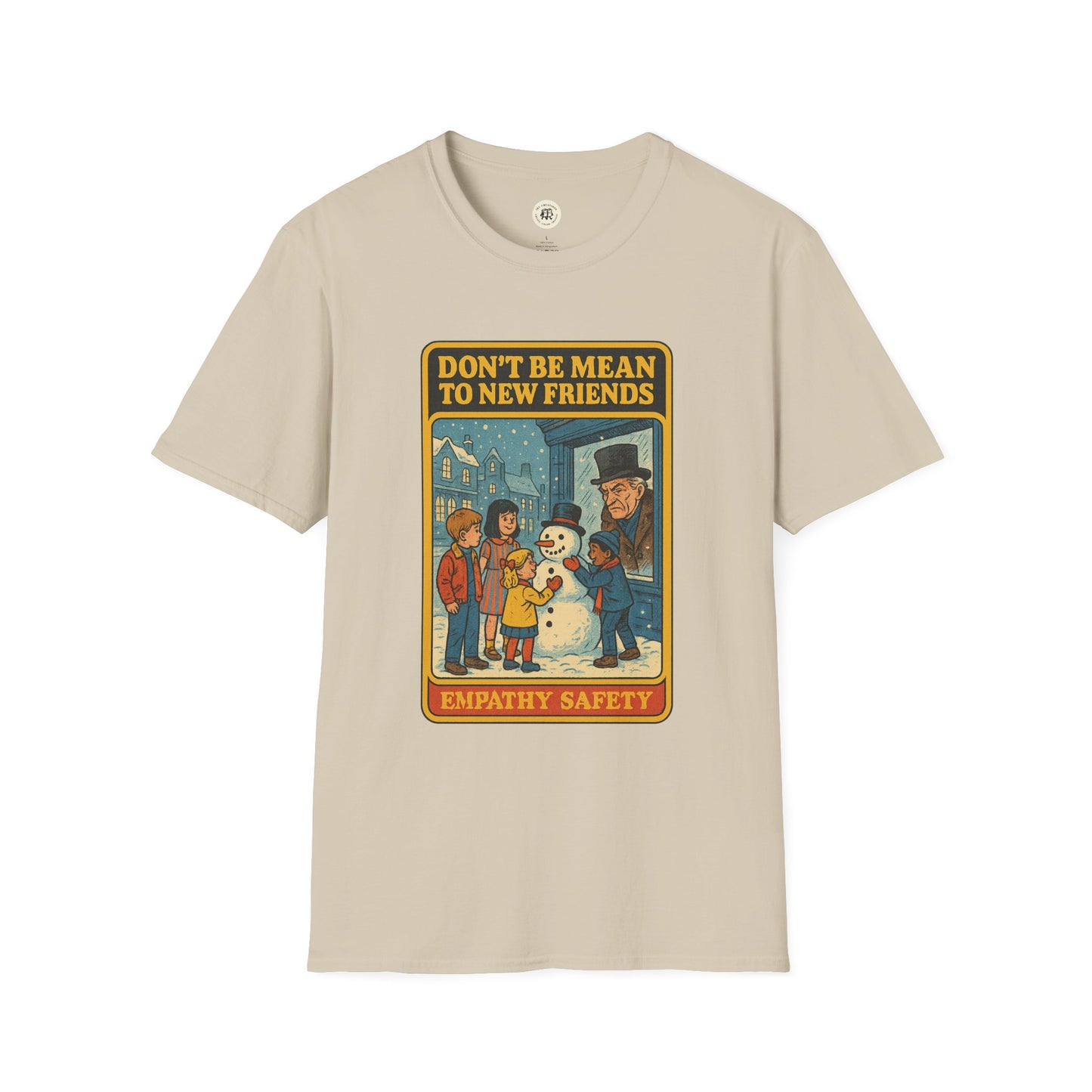 Ebenezer Scrooge empathy t-shirt with vintage holiday design and empathy safety message