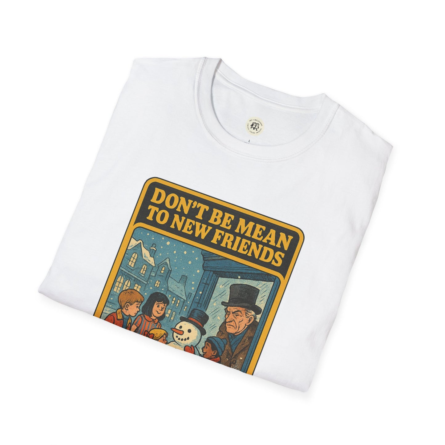 White Ebenezer Scrooge empathy t-shirt featuring a vintage holiday design with Scrooge and children