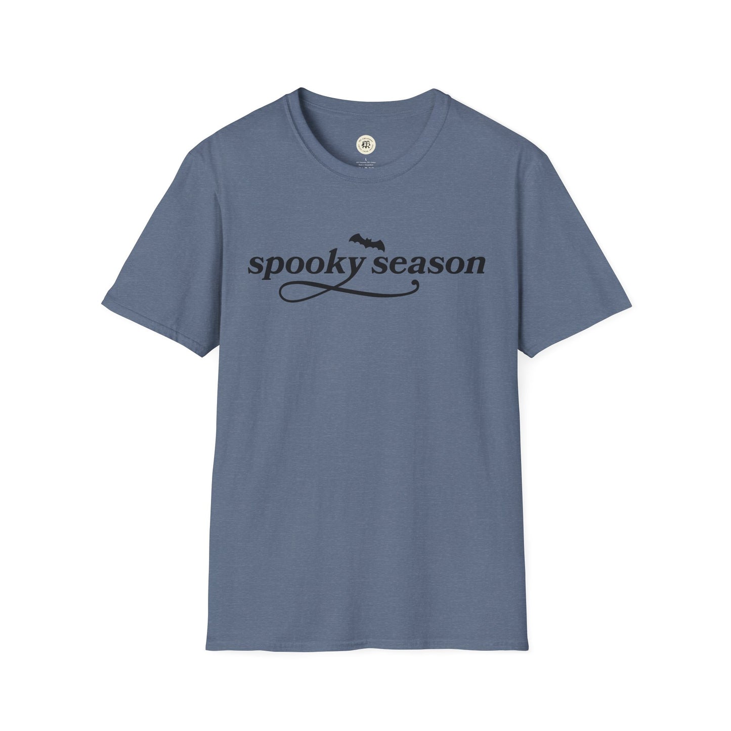 Printify eco-friendly Halloween t-shirt in gray with spooky season text and bat graphic