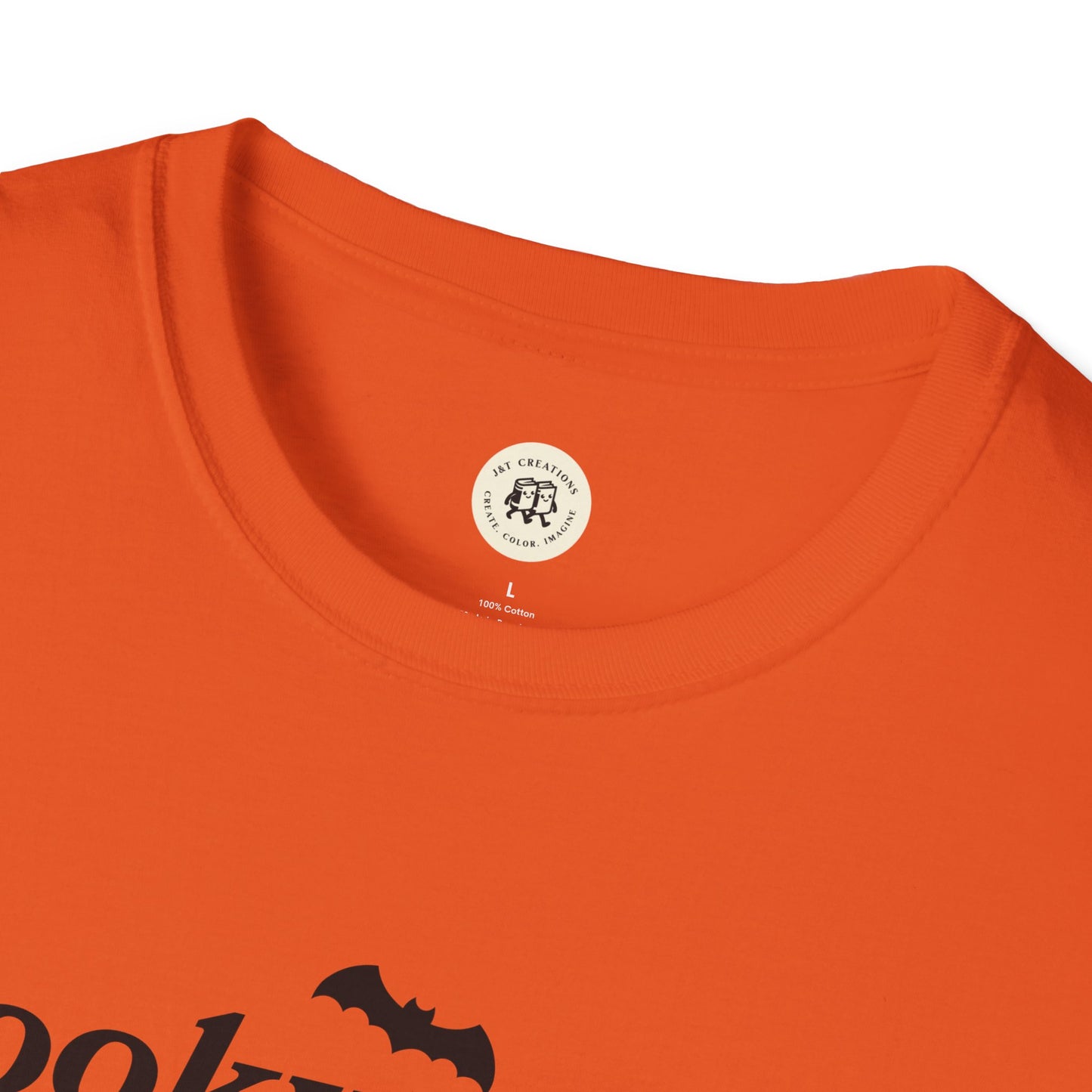 Orange eco-friendly Halloween t-shirt by Printify with bat graphic and round neckline