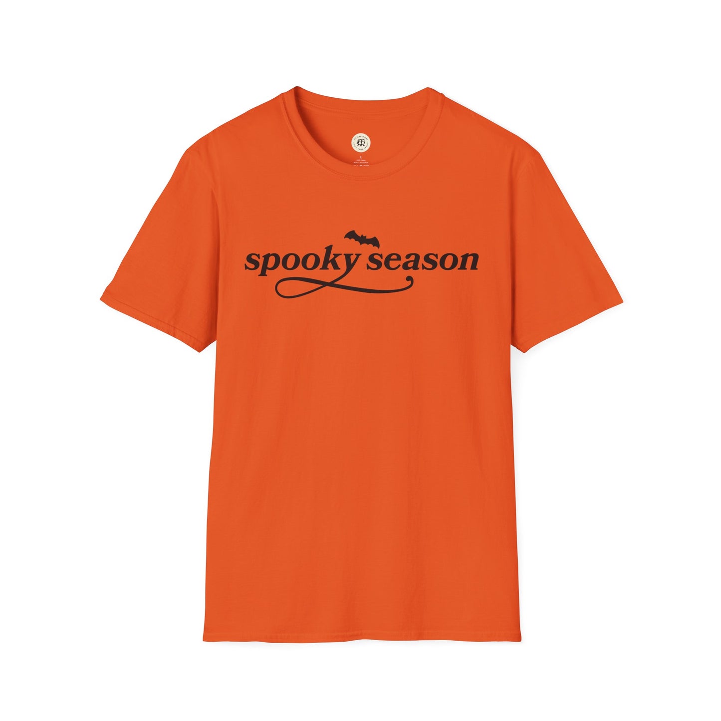 Orange Printify eco-friendly Halloween t-shirt with spooky season text and bat graphic