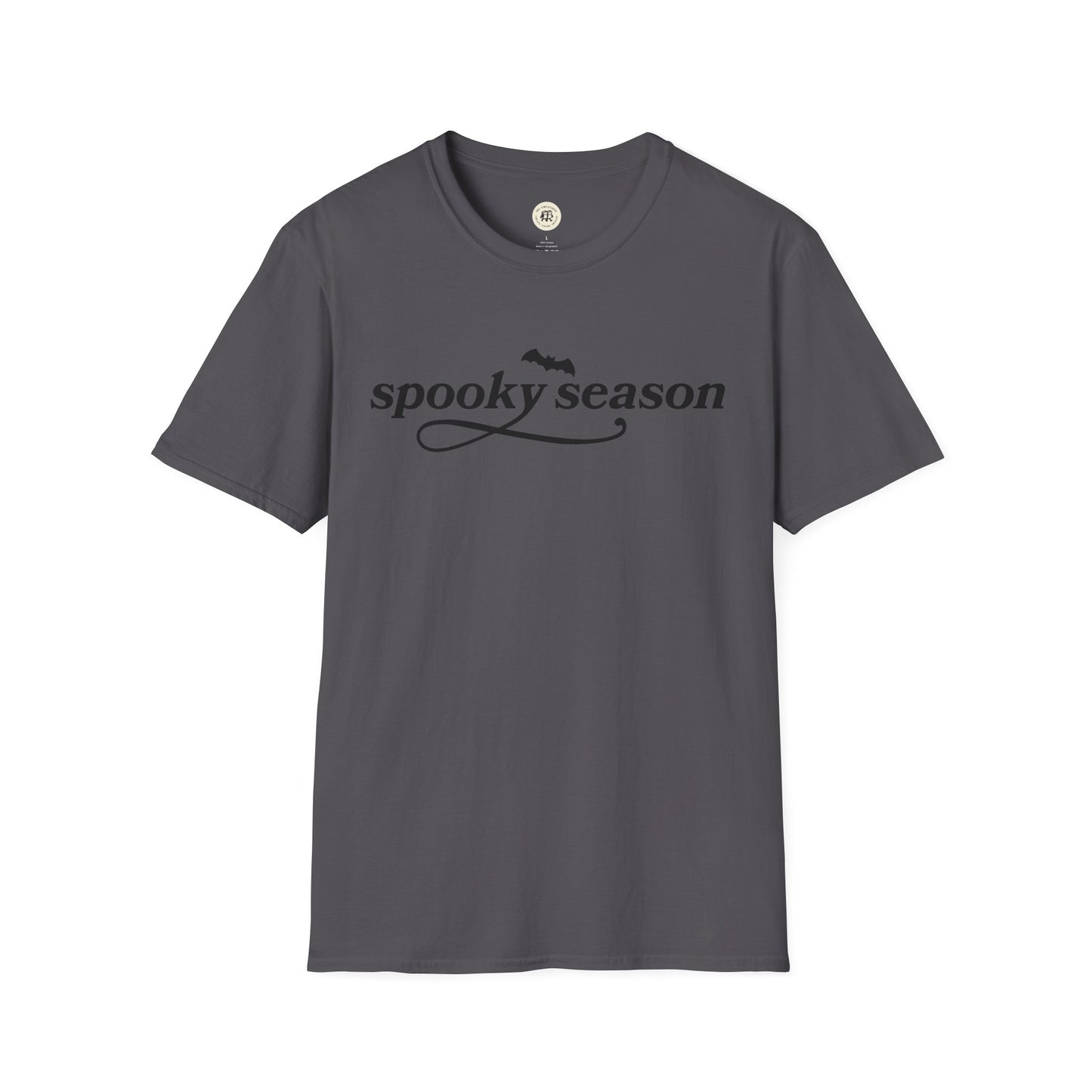 Printify dark gray eco-friendly Halloween t-shirt with spooky season text and bat graphic