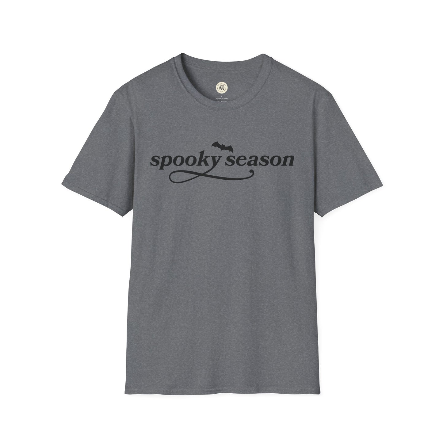 Printify gray eco-friendly Halloween t-shirt with spooky season text and bat graphic