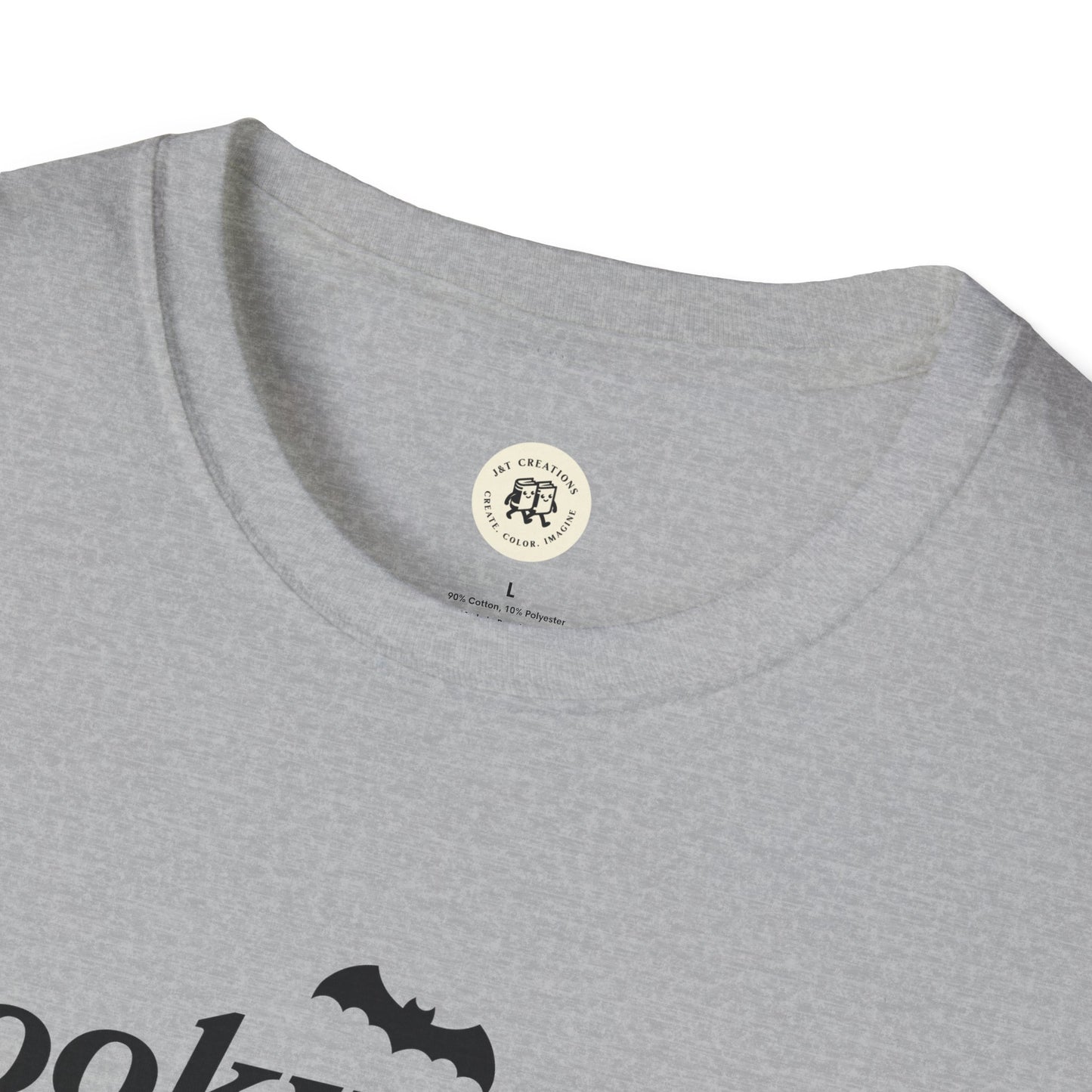 Close-up of grey Printify eco-friendly Halloween t-shirt collar showing soft fabric and tag