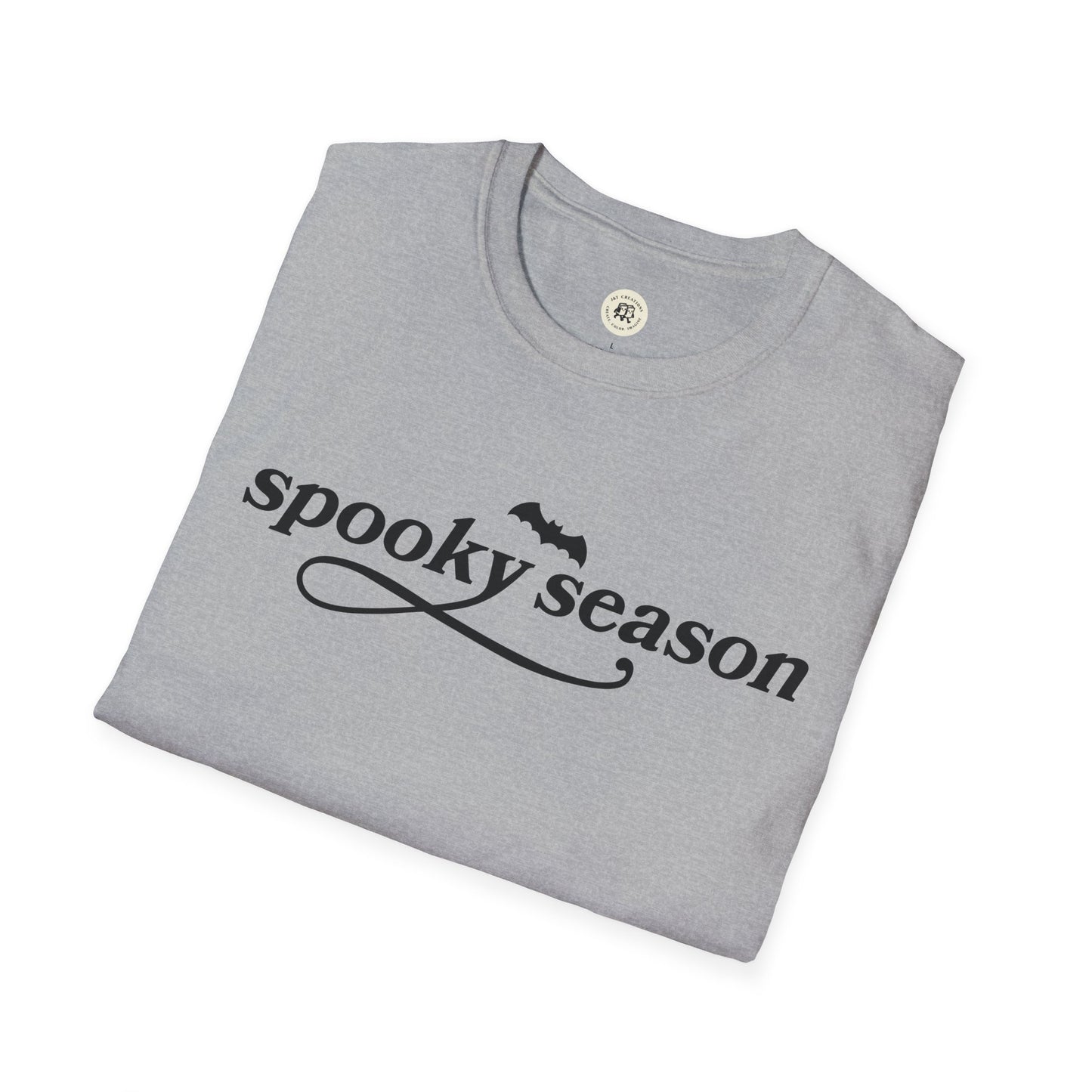 Gray folded eco-friendly Halloween t-shirt with spooky season text and bat graphic by Printify