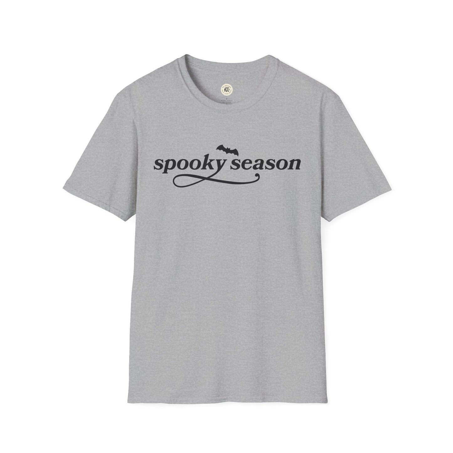 Gray Printify eco-friendly Halloween t-shirt with spooky season text and bat graphic