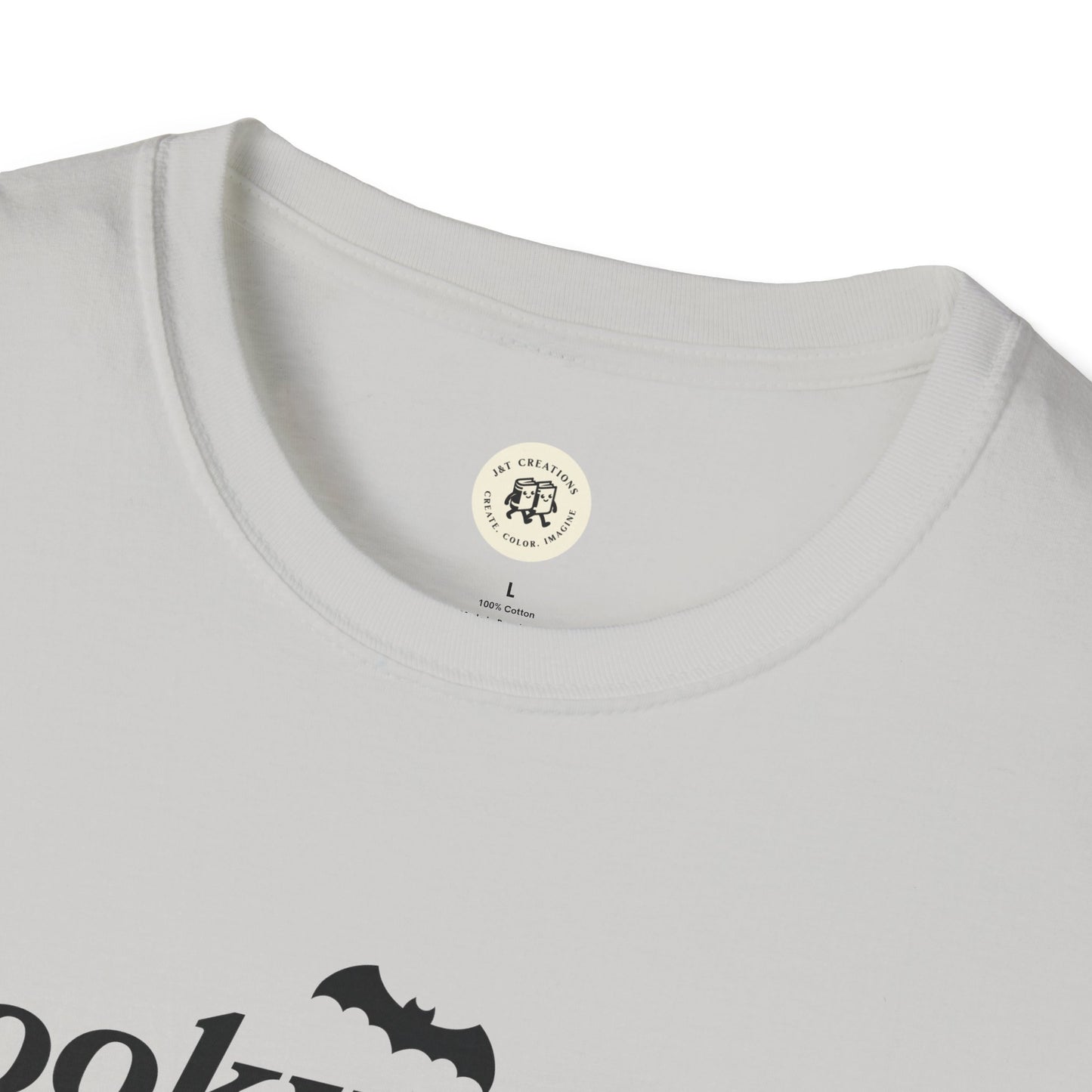 Printify eco-friendly Halloween t-shirt with white fabric and black bat design close-up