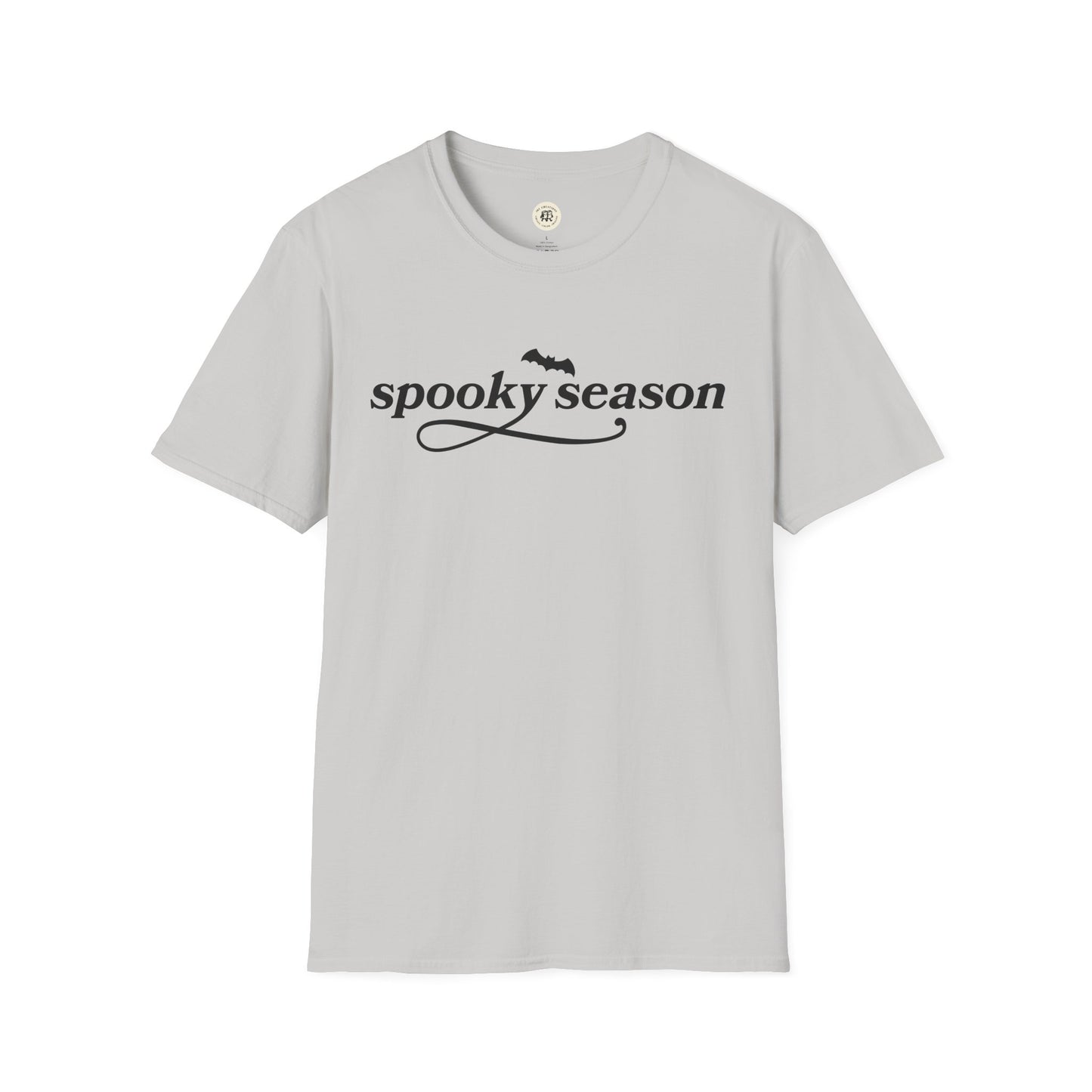 Printify eco-friendly Halloween t-shirt in light gray with spooky season text and bat graphic