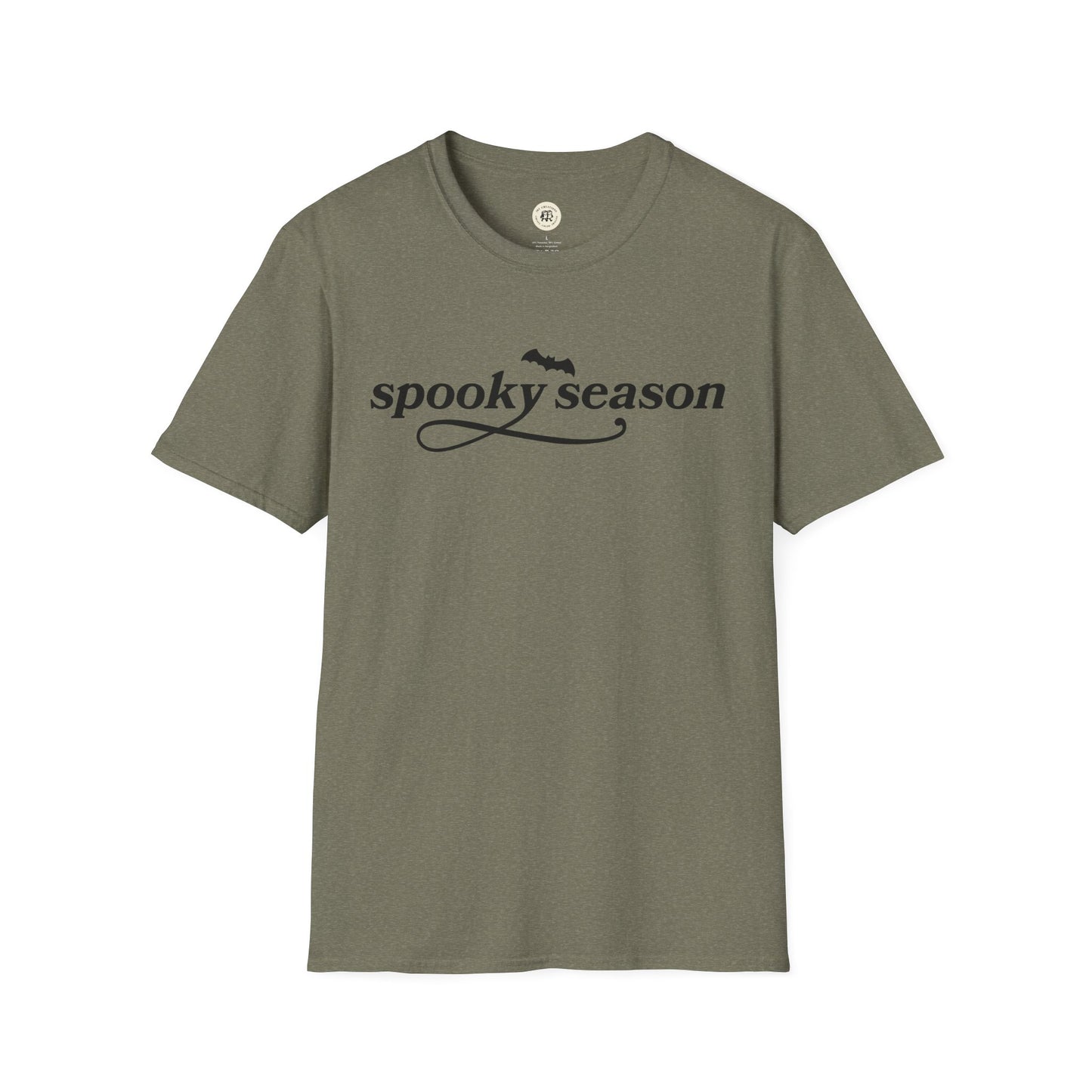 Printify eco-friendly Halloween t-shirt in olive green with spooky season text and small bat graphic