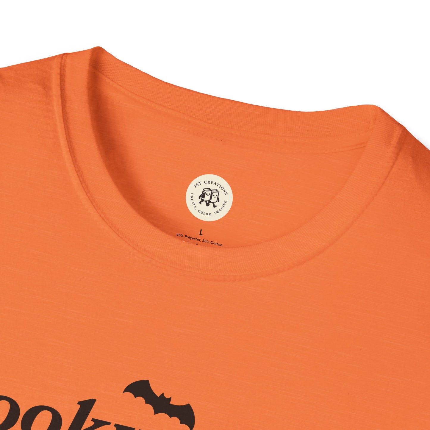 Orange Printify eco-friendly Halloween t-shirt with black bat graphic and round neckline