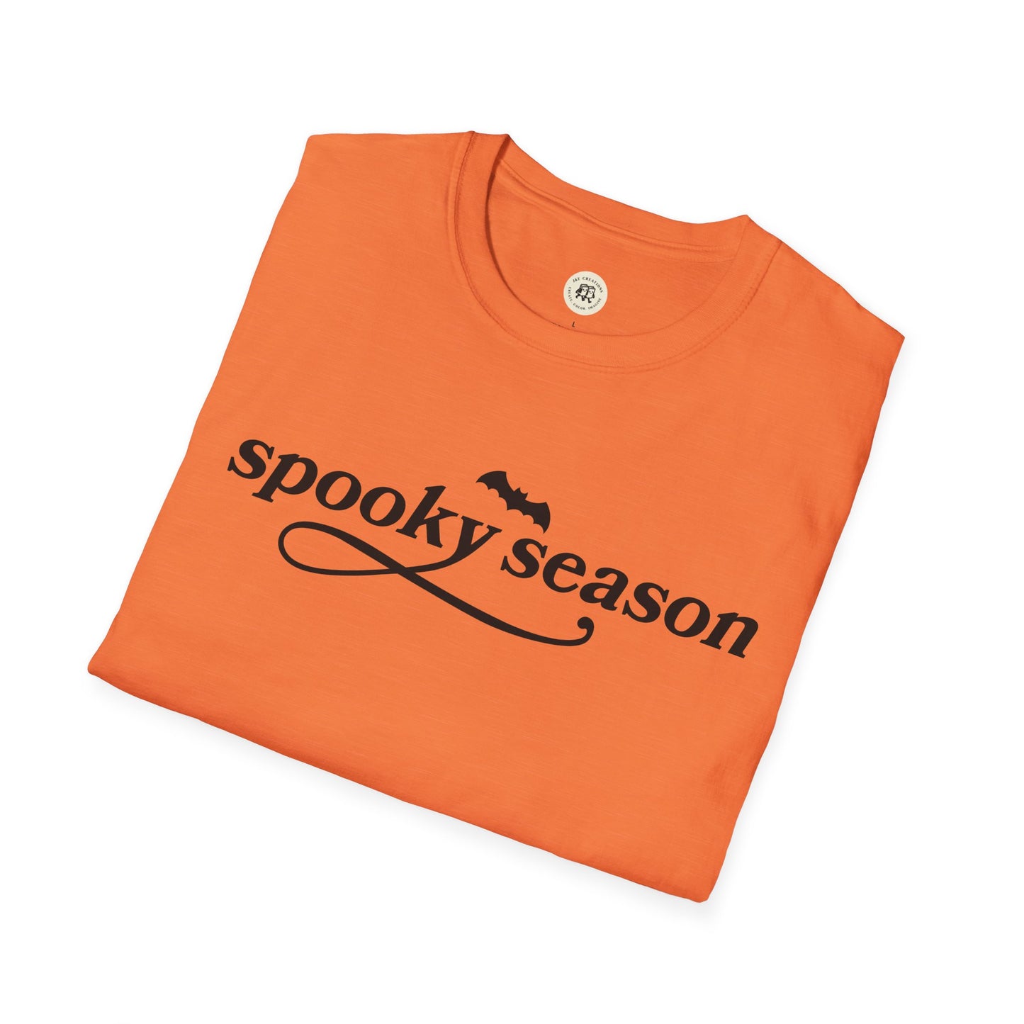 Printify eco-friendly Halloween t-shirt in orange with spooky season text and bat graphic