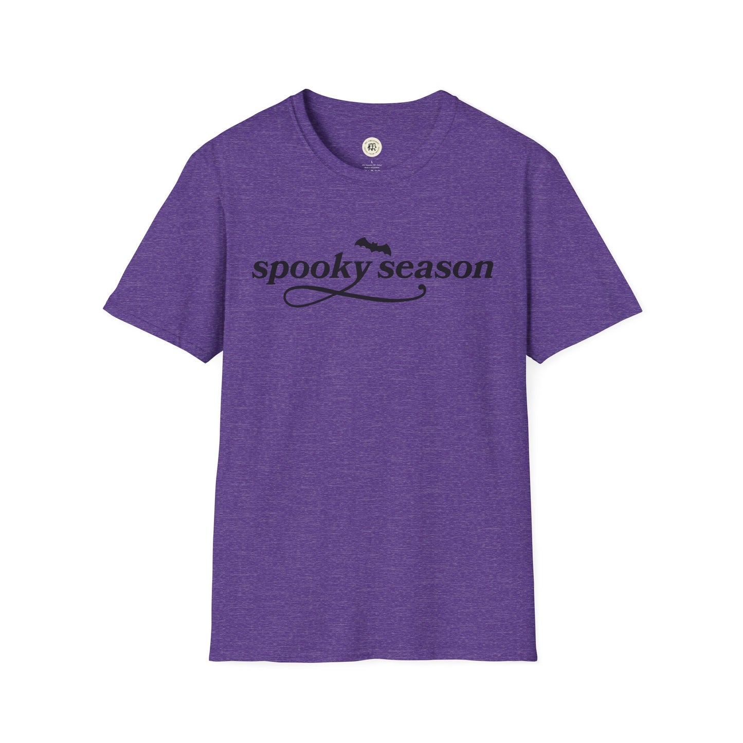Purple Printify eco-friendly Halloween t-shirt with spooky season text and bat graphic