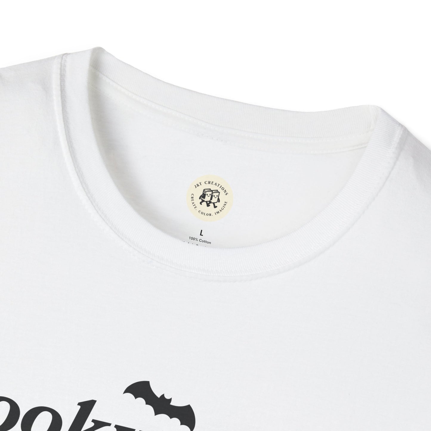 White Printify eco-friendly Halloween t-shirt featuring a black bat design on soft cotton fabric