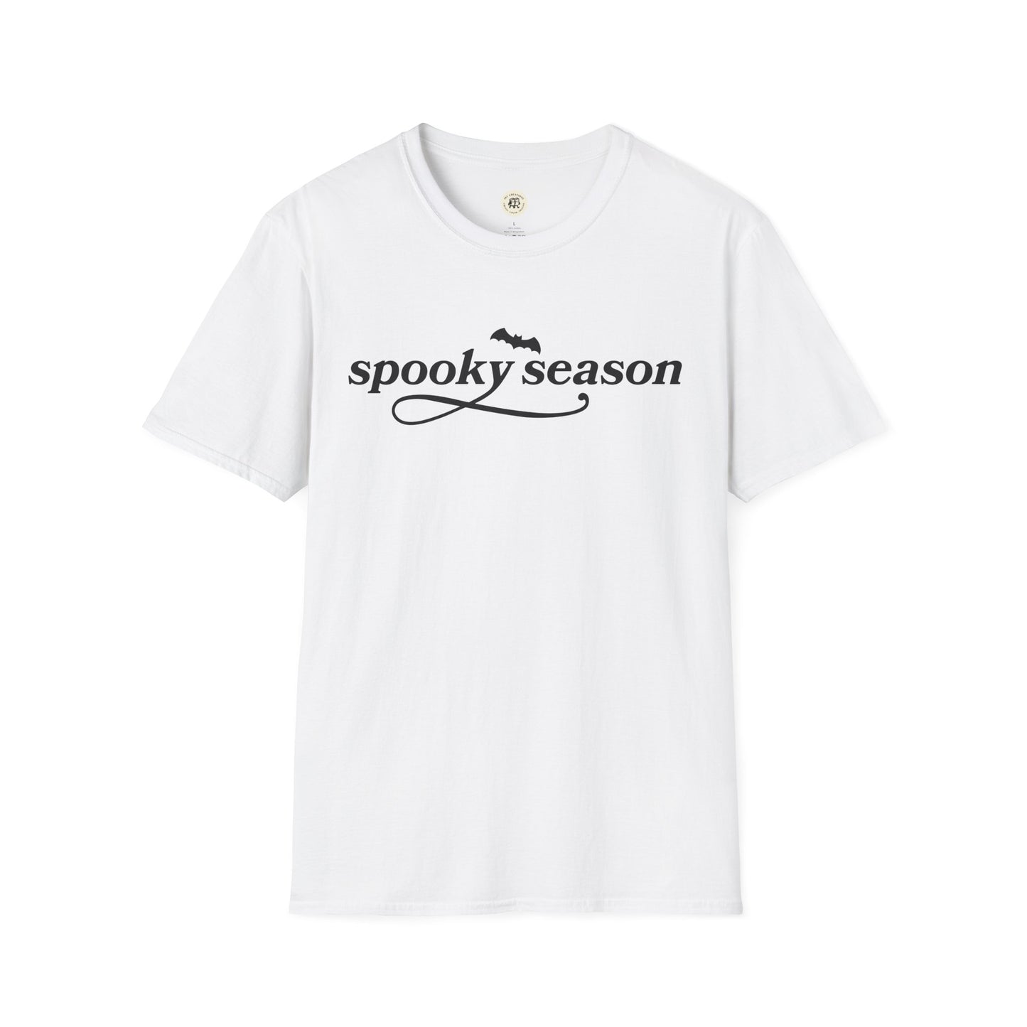 White Printify eco-friendly Halloween t-shirt with spooky season text and bat graphic