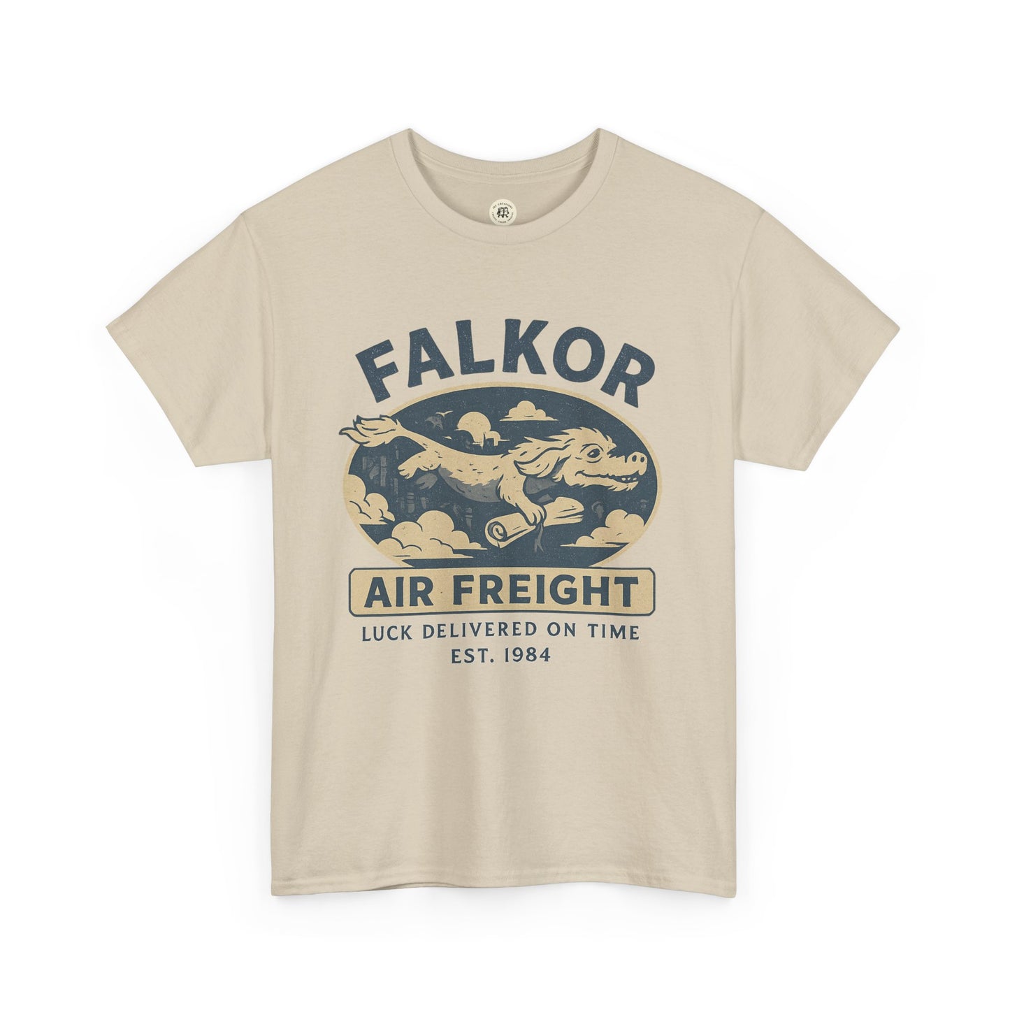 Beige Falkor Neverending Story t-shirt with vintage air freight design and cloud graphics
