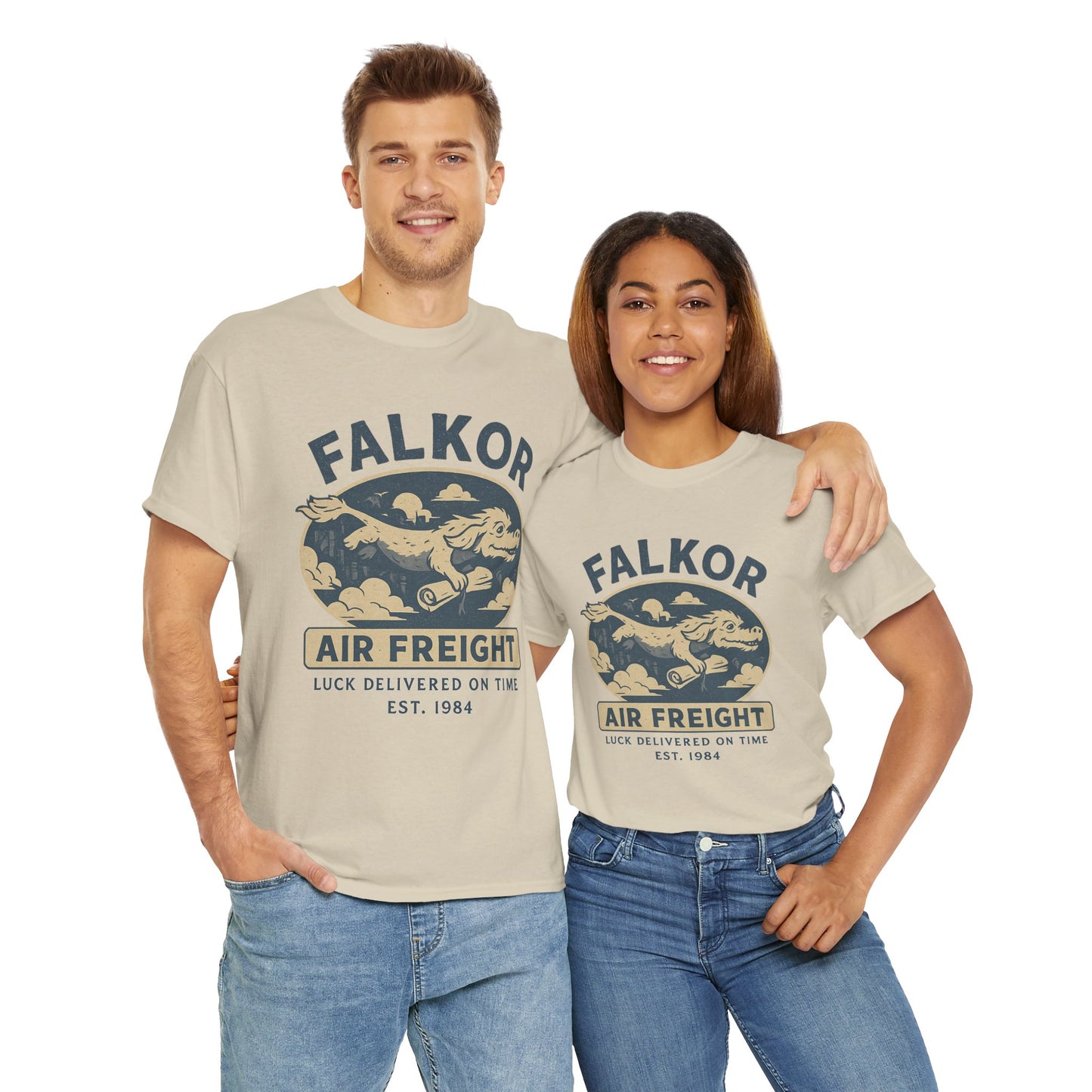 Two models wearing beige Falkor Neverending Story t-shirt with air freight graphic design by Printify