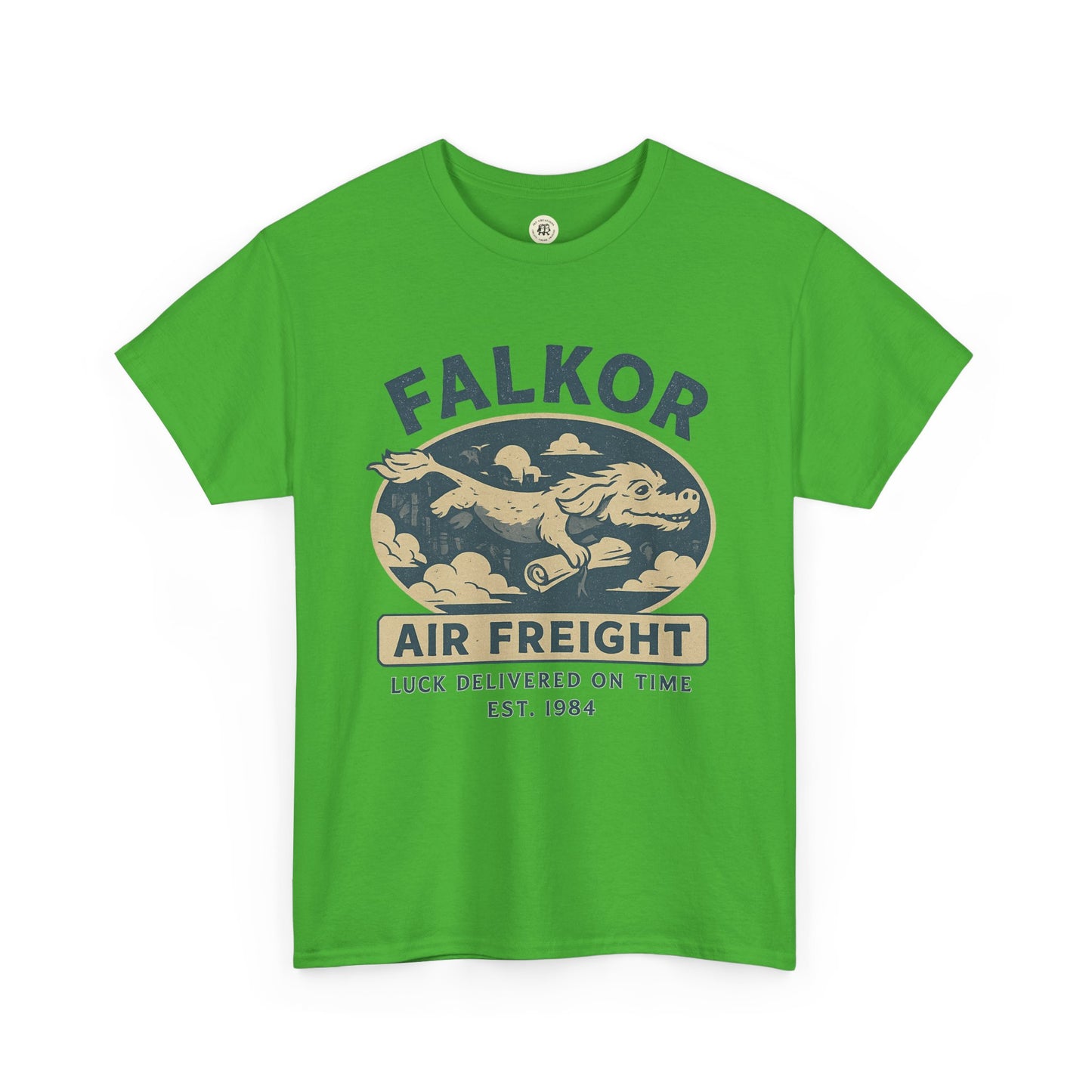 Green Falkor Neverending Story t-shirt with vintage air freight graphic and cloud design
