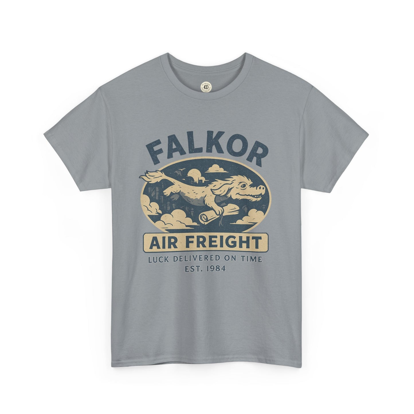 Gray Falkor Neverending Story t-shirt with vintage air freight graphic and luck delivered on time text