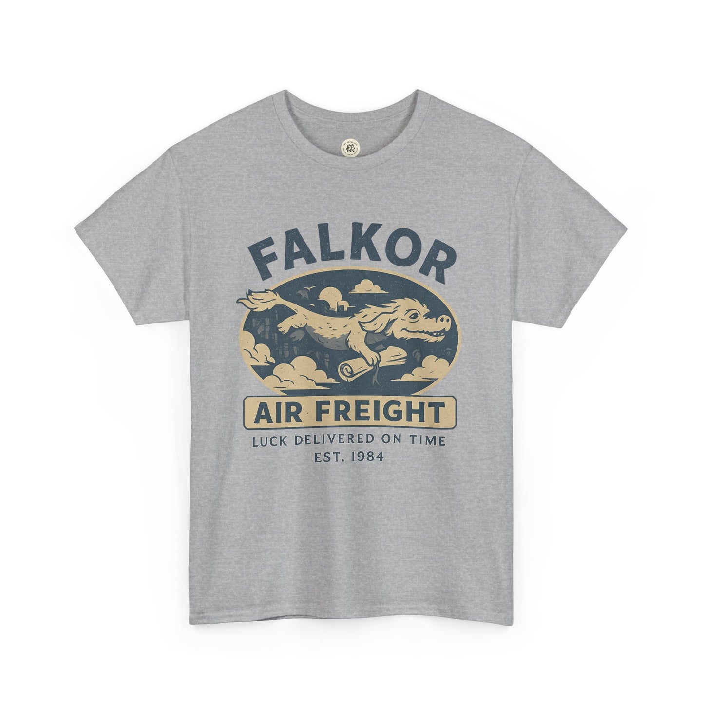 Printify gray Falkor Neverending Story t-shirt featuring flying dragon graphic and Air Freight text